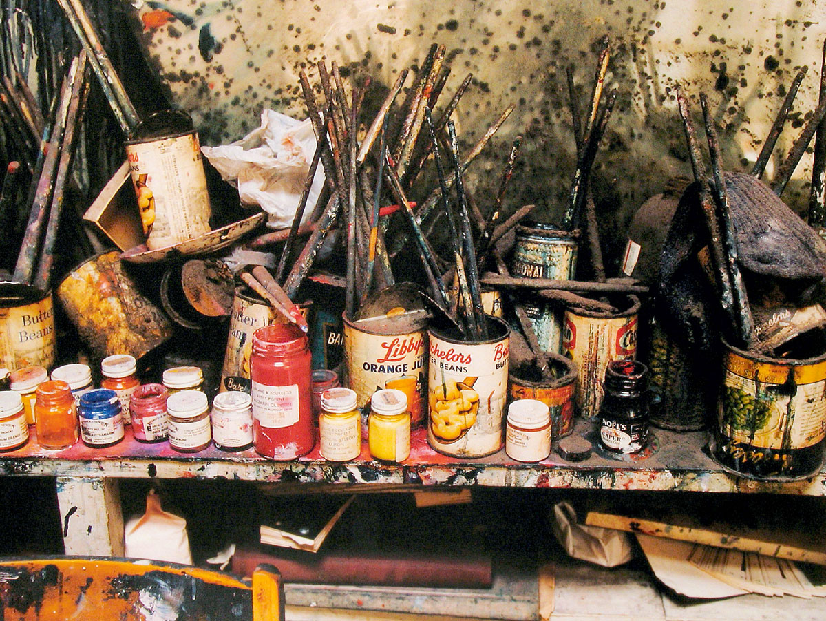 A photograph of Francis Bacon’s studio, which the artist did not allow his cleaning lady Jean Ward to tidy up and is subsequently a mess.
