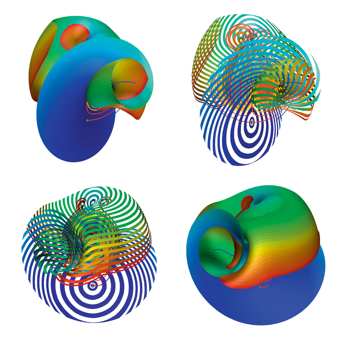 Four graphics representing details of the Lorenz manifold near the Lorenz attractor. 