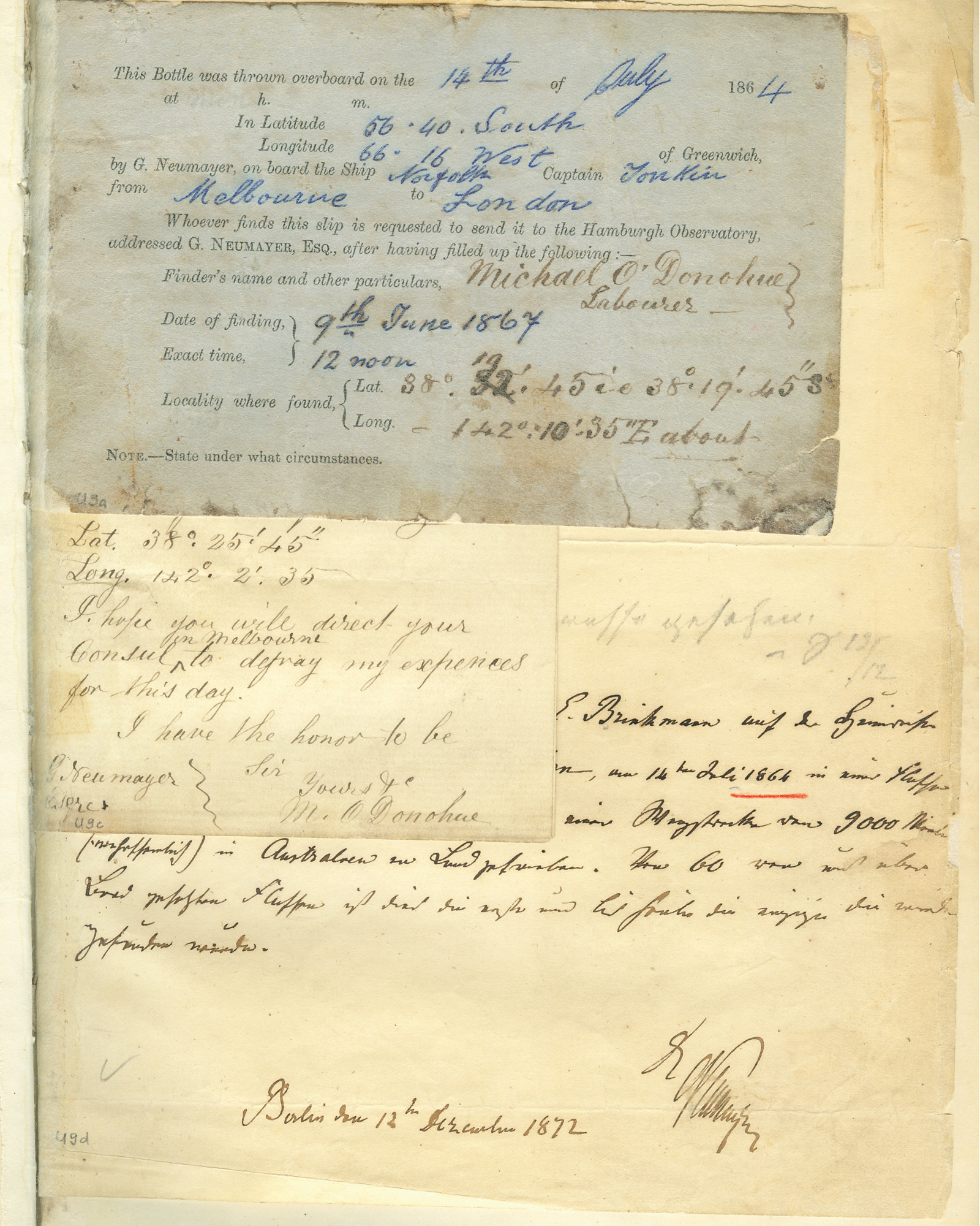 An image of worn documents, thrown overboard in a bottle in eighteen sixty four and discovered off a coast in eighteen sixty seven.