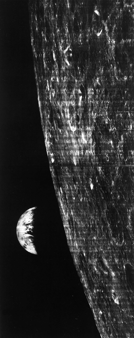 The first ever photograph of an “earthrise,” captured by Lunar Orbiter One on 25 August nineteen sixty-six.