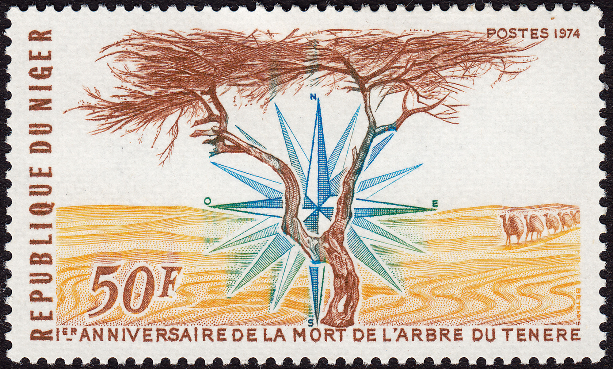 A Nigerien stamp issued in nineteen seventy-four commemorating the first anniversary of the death of the Tree of Ténéré.