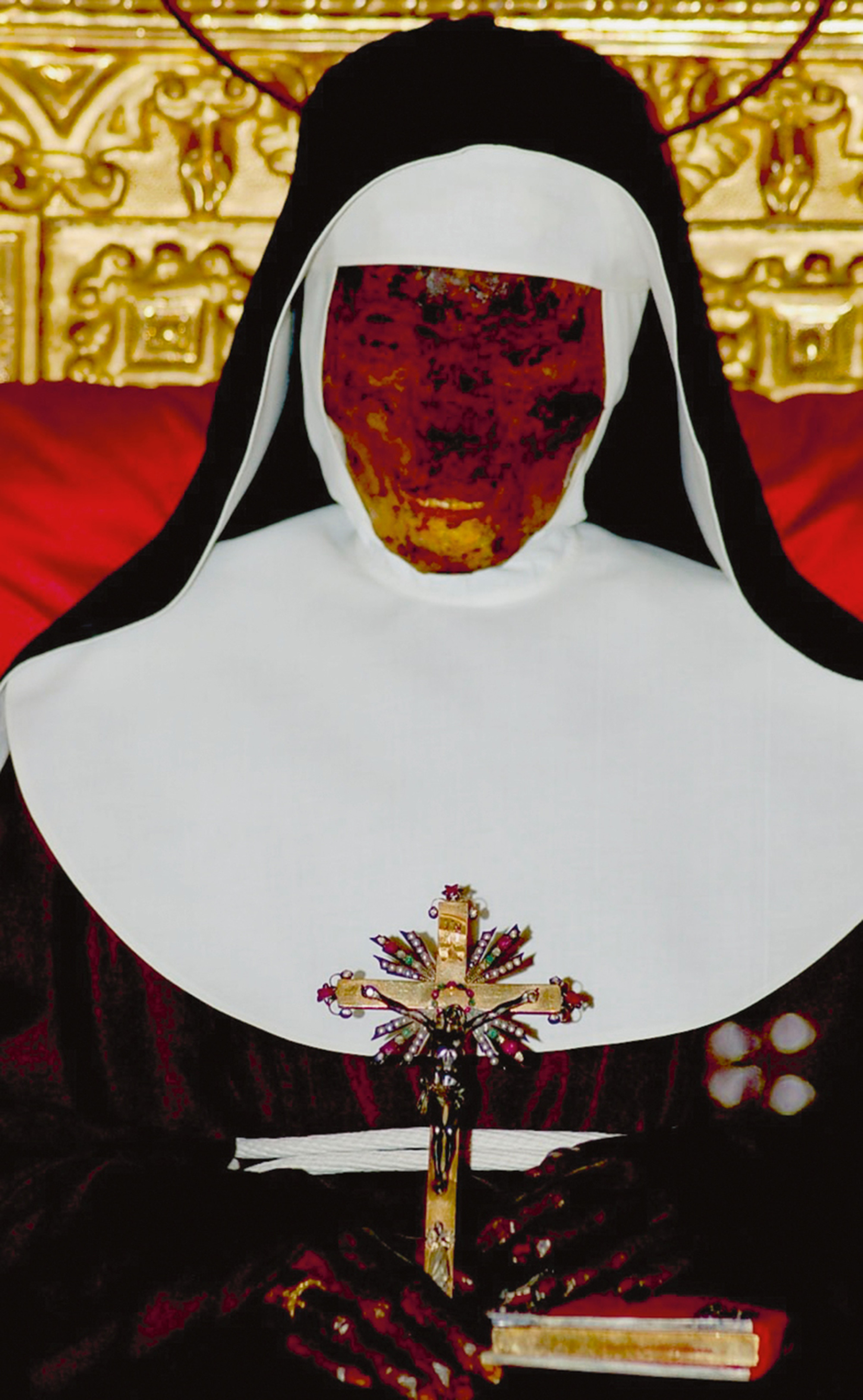 A photograph of the exhumed remains of Saint Catherine of Bologna, occupying her perch at the Convent of the Poor Clares, Bologna, since the late fifteenth century.