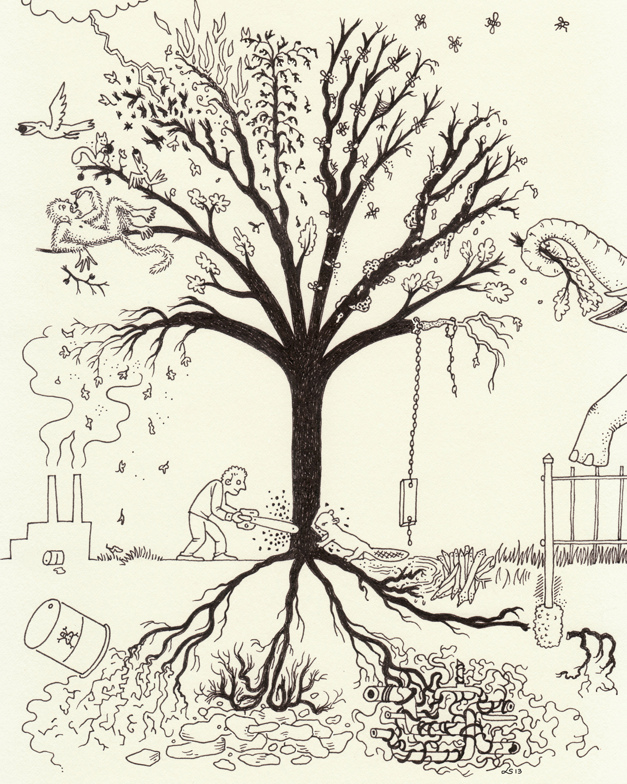 A twenty thirteen drawing by Joel Smith of a tree being cut down by a chainsaw and a beaver.