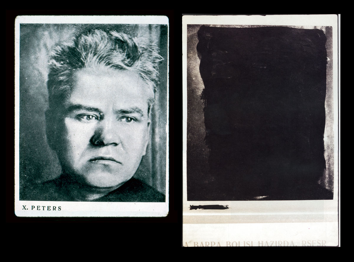 At left is a photograph of Yakov Peters, the chief of Stalin’s secret police, as he appeared in the 1935 political album “Ten Years of Uzbekistan” designed by Alexander Rodchenko. When Peters and other party members were later liquidated by Stalin, posessing images of them became illegal. Rodchenko used thick black India ink to deface their portraits in his own copies of the album, as seen in the picture on the right. The defaced copies remained in his apartment until they were discovered by David King during a 1984 visit to the late artist’s studio where three generations of Rodchenkos were still living together.