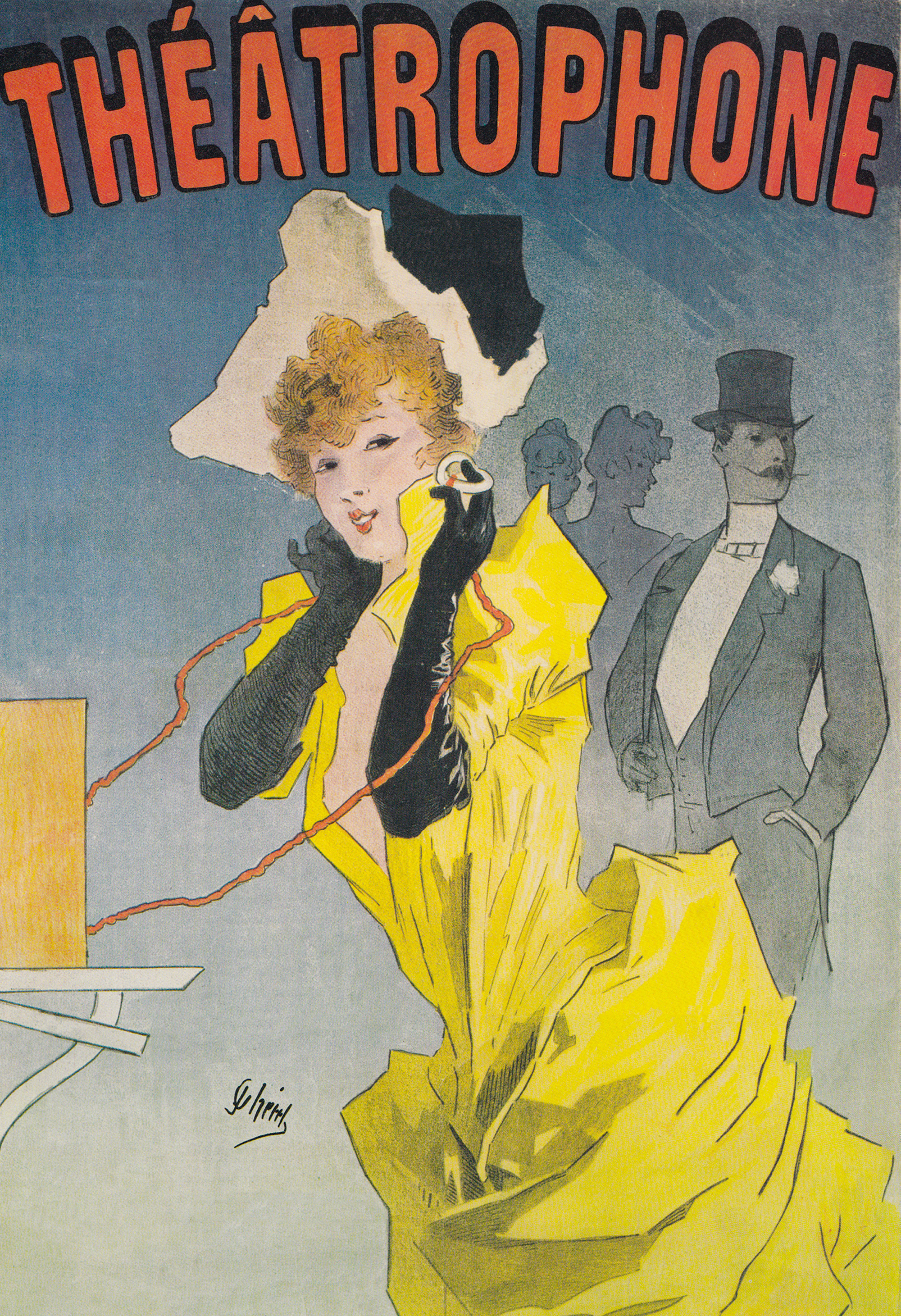 Jules Cheret’s eighteen ninety poster for the launch of the new Compagnie du Théâtrophone, depicting a chic Parisian woman dialing a phone. 