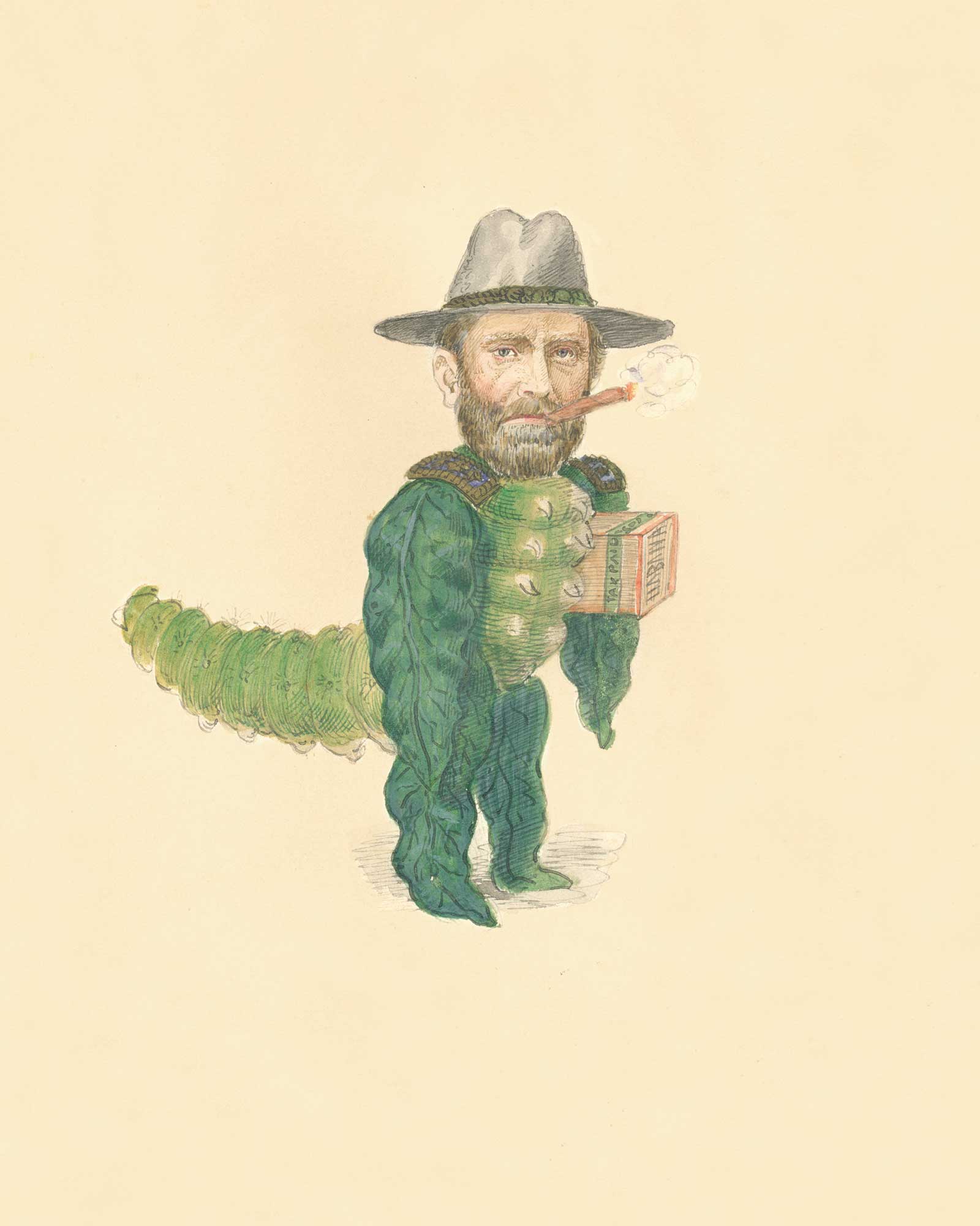 Charles Briton’s illustration of President Ulysses S. Grant depicted as a tobacco grub, the much-despised pest. His costume designs were created for the Mistick Krewe of Comus for the eighteen seventy-three Mardi Gras parade in New Orleans. Organized in eighteen fifty-six, Comus was the first of the krewes, or secret societies, that marched in the annual parades held in the city during the days leading up to the beginning of Lenten abstinence. Briton’s costumes were created to illustrate the theme of the organization’s procession that year: “The Missing Links to Darwin’s Origin of Species.” Featuring fantastical representations of a wide range of fauna and flora, Briton’s designs for the conservative and predominantly Anglo-American Comus krewe were intended to mock both the new theories of evolution and the Reconstruction-era politicians of the day.