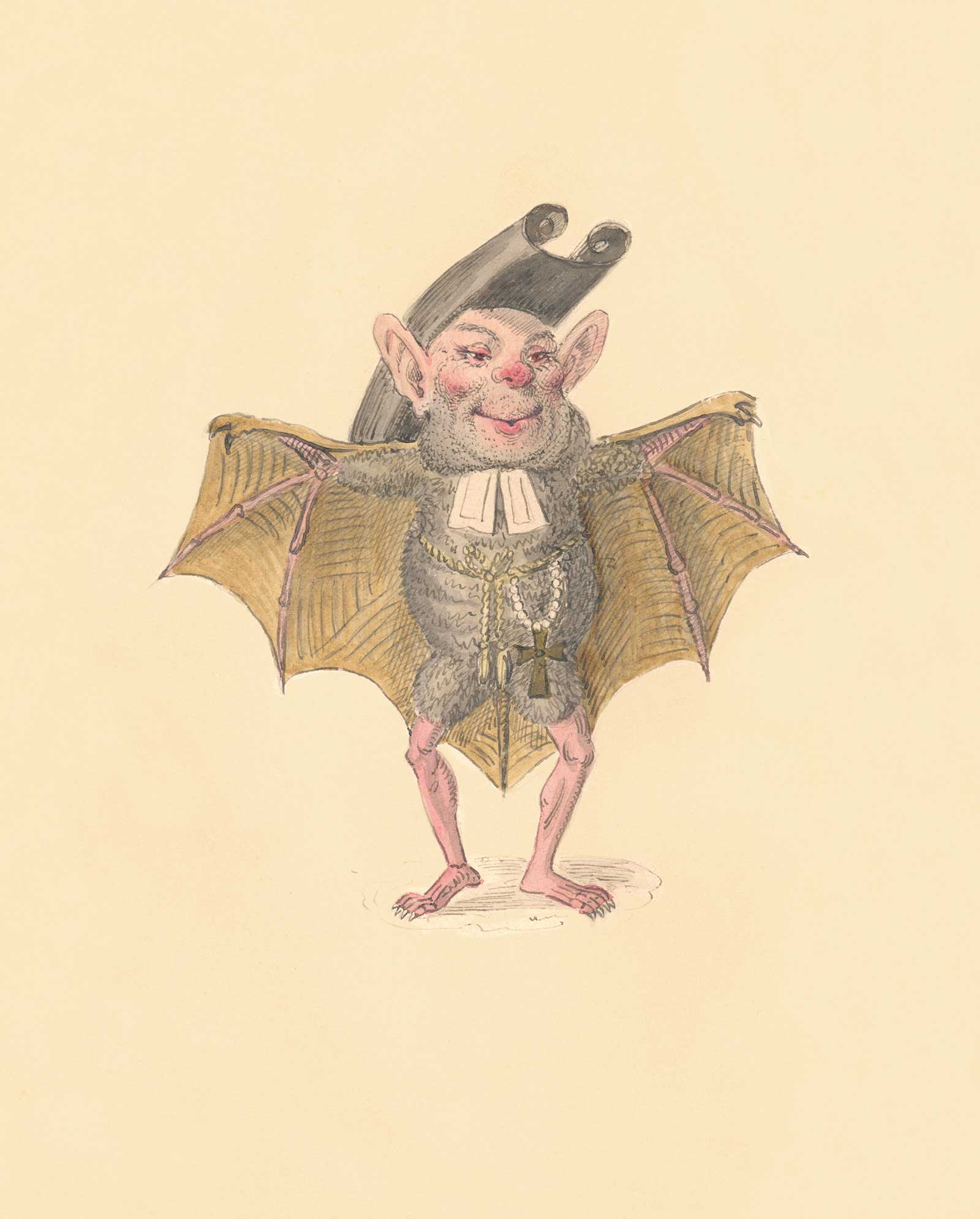 Charles Briton’s illustrated design of a bat costume, created for the Mistick Krewe of Comus for the eighteen seventy-three Mardi Gras parade in New Orleans. Organized in eighteen fifty-six, Comus was the first of the krewes, or secret societies, that marched in the annual parades held in the city during the days leading up to the beginning of Lenten abstinence. Briton’s costumes were created to illustrate the theme of the organization’s procession that year: “The Missing Links to Darwin’s Origin of Species.” Featuring fantastical representations of a wide range of fauna and flora, Briton’s designs for the conservative and predominantly Anglo-American Comus krewe were intended to mock both the new theories of evolution and the Reconstruction-era politicians of the day.