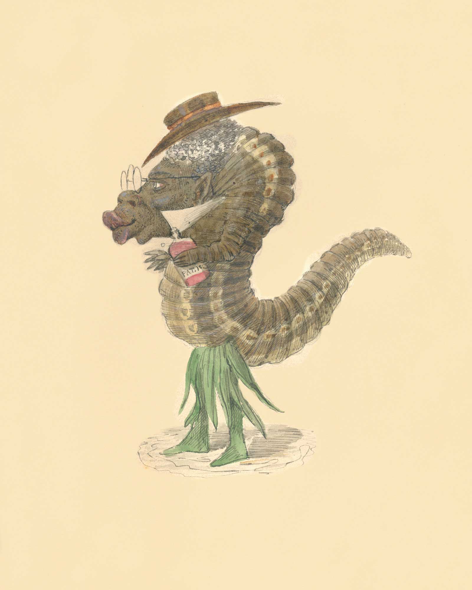 Charles Briton’s illustrated design of a caterpillar costume, created for the Mistick Krewe of Comus for the eighteen seventy-three Mardi Gras parade in New Orleans. Organized in eighteen fifty-six, Comus was the first of the krewes, or secret societies, that marched in the annual parades held in the city during the days leading up to the beginning of Lenten abstinence. Briton’s costumes were created to illustrate the theme of the organization’s procession that year: “The Missing Links to Darwin’s Origin of Species.” Featuring fantastical representations of a wide range of fauna and flora, Briton’s designs for the conservative and predominantly Anglo-American Comus krewe were intended to mock both the new theories of evolution and the Reconstruction-era politicians of the day.