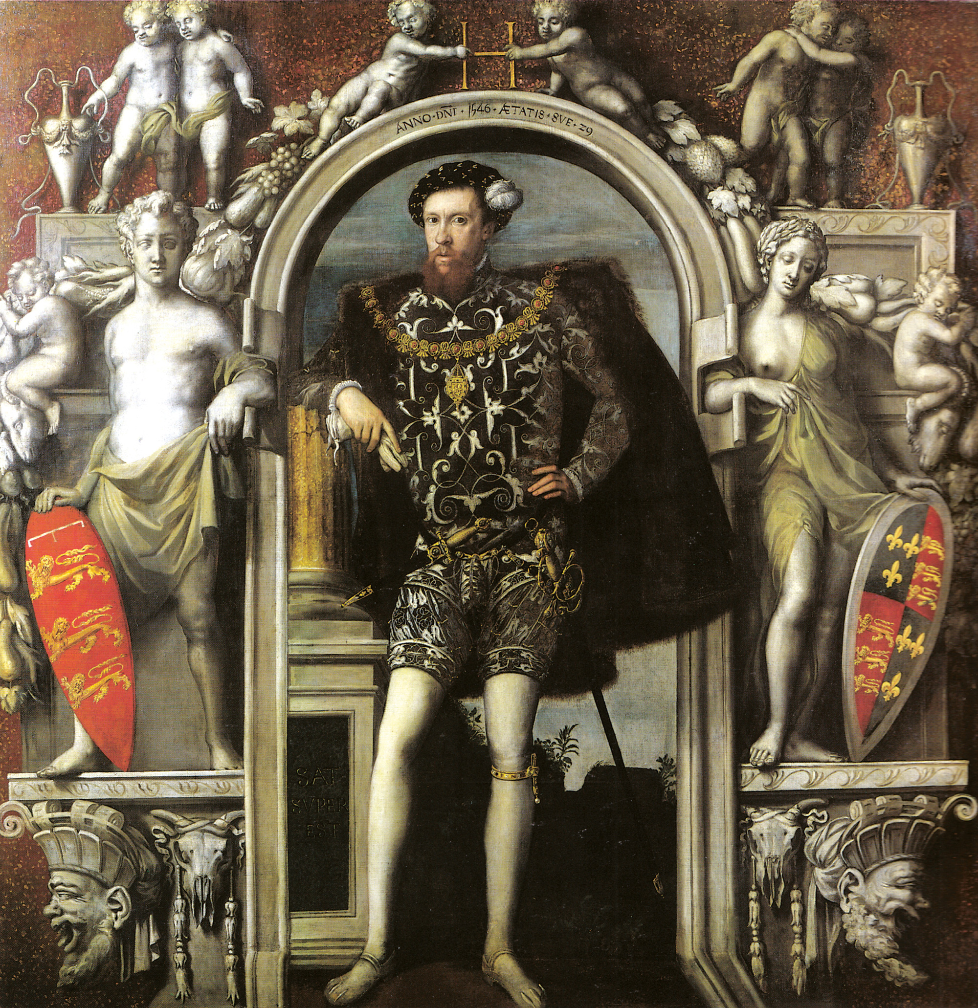 A portrait of Henry Howard, the Earl of Surrey, the most painted man at court after Henry the eighth himself, attributed to the court painter William Scrots. Here Surrey is depicted leaning on a broken pillar under the arms of Thomas of Brotherton, son of Edward the first, and Thomas of Woodcock, son of Edward the third. His use of heraldry to locate himself in the royal lineage, perhaps maneuvering to be Protector to the king’s heir, was the principal charge against him when he was brought to trial for treason and executed in fifteen forty-seven. The date of the portrait is uncertain: perhaps made from life, at his commission; perhaps a memorial to his ambitions, when both he and the king who had killed him were dead.