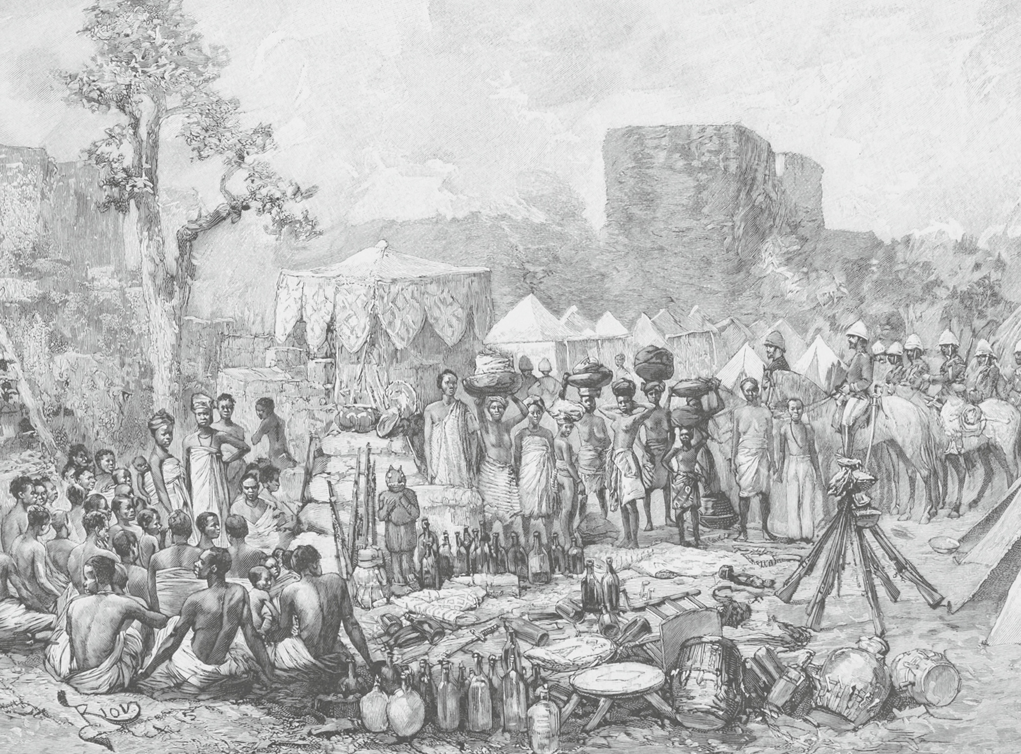 An Illustration in Alexandre L. d’Albéca eighteen ninety-five work titled “La France au Dahomey” depicting General Dodd’s camp at Place Goho in Abomey.