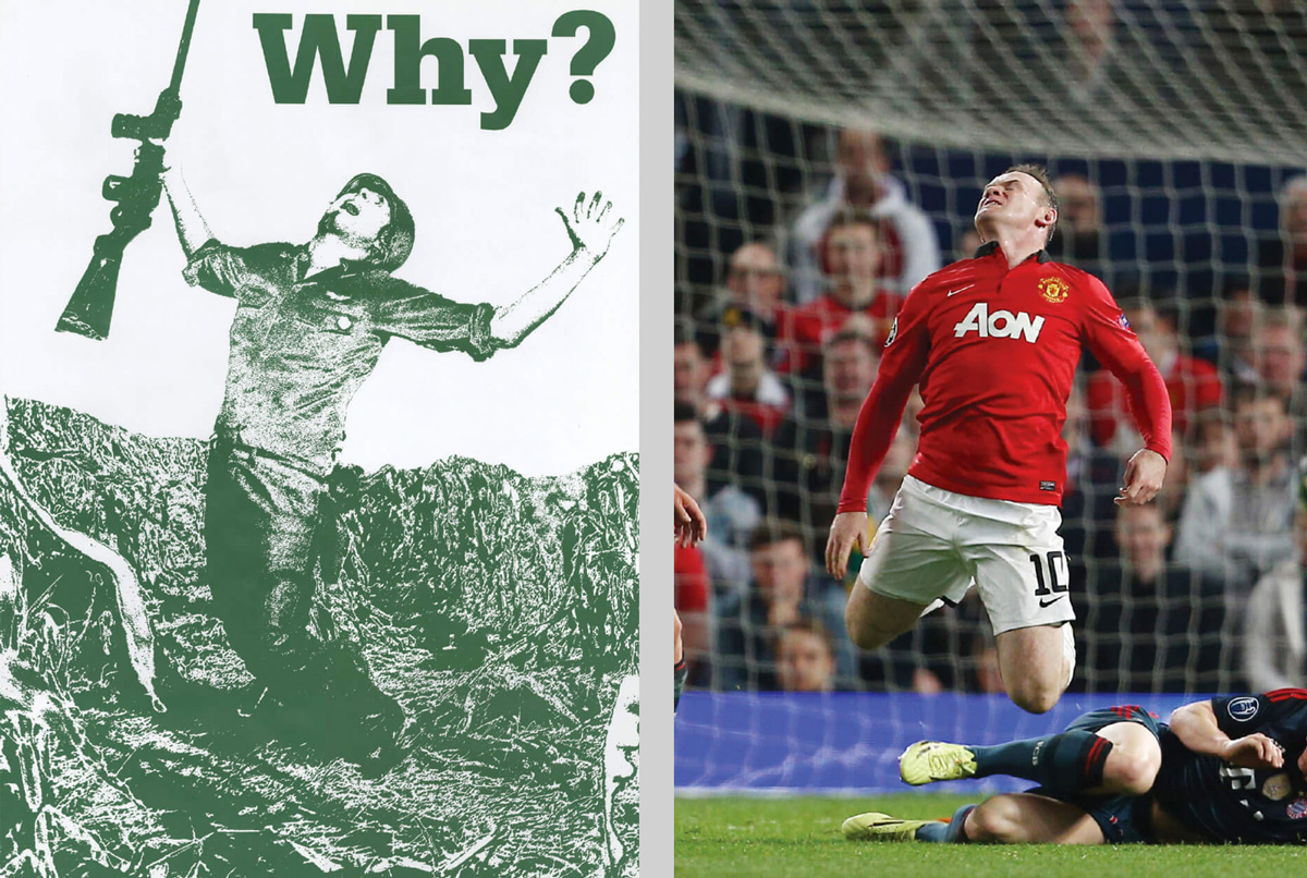 Two images, one depicting an antiwar poster of a dying soldier, and the other a photograph of Wayne Rooney diving during a match. German soccer magazine 11Freunde juxtaposed these two images to satirize Wayne Rooney’s dive in a match between Manchester United and Bayern Munich.