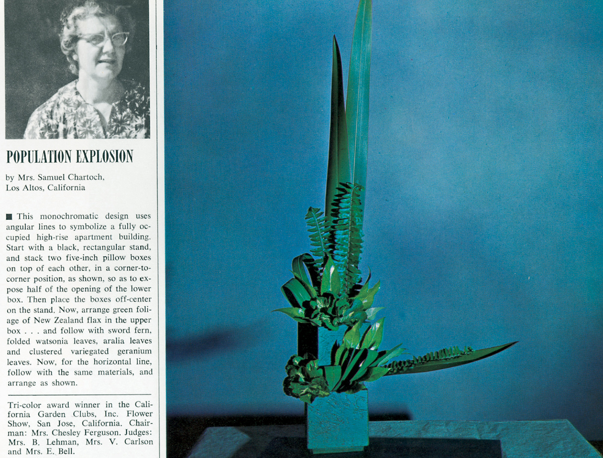 A photograph of a flower arrangement by Mrs. Samuel Chartoch entitled “Population Explosion,” one of the winners from the California Garden Clubs, Inc. Flower Show, 1960s.