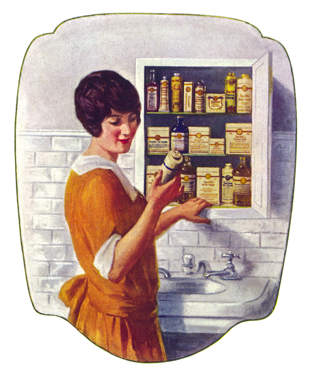 An illustration of a woman in front of an open medicine cabinet, from a nineteen twenty three advertisement of Squibb’s medical and hygiene products.