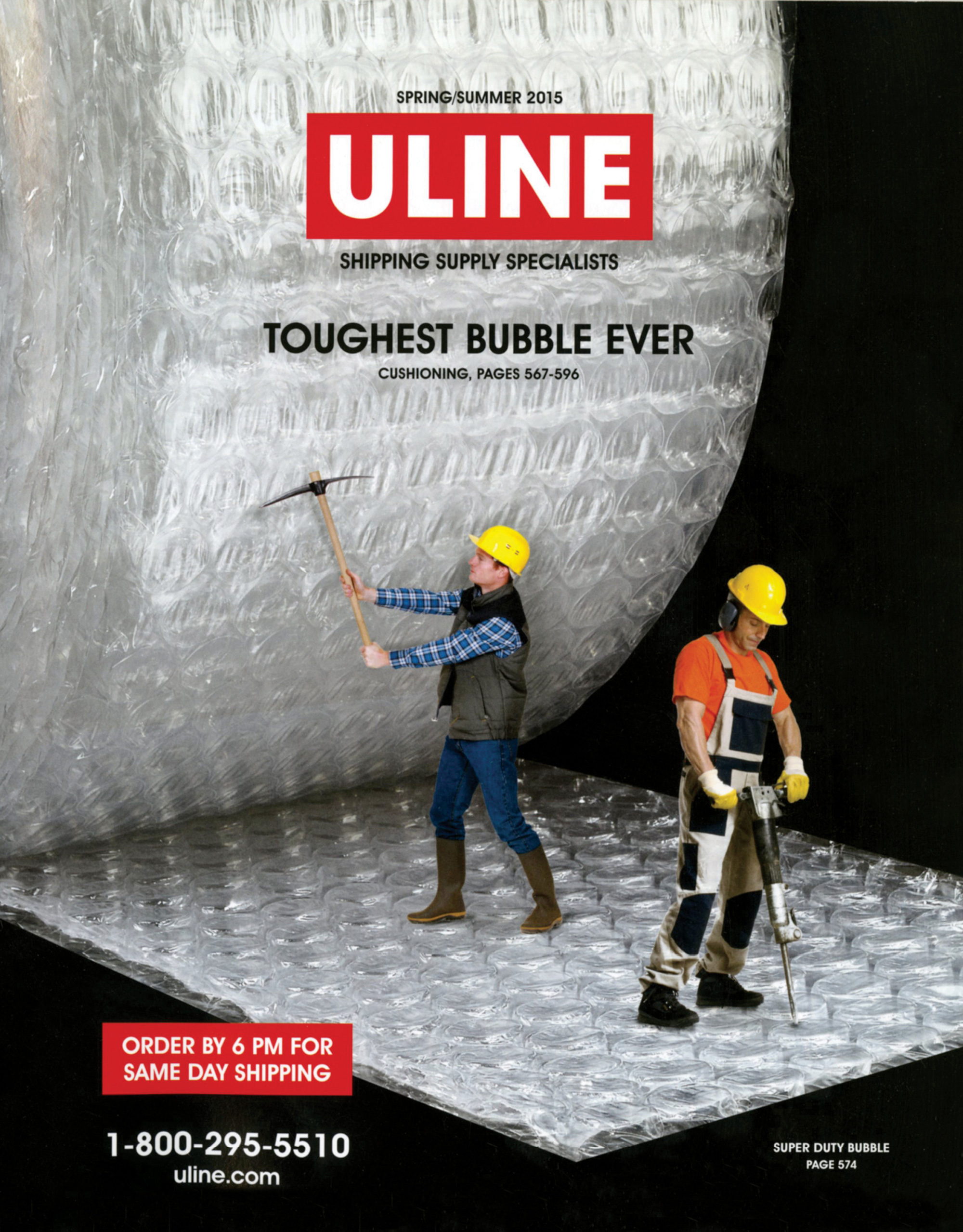 The front cover of a Uline catalogue, depicting two miniature construction workers working on a roll of bubble wrap. This is one in a series of catalogues whose covers showcase humans radically rethinking their relationship to packaging.