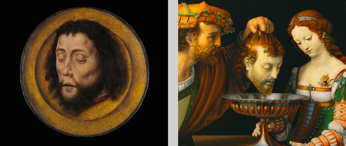Two side by side detail images of the head of Saint John the Baptist, one from Aelbert Bouts’s fifteen hundred “Head of Saint John the Baptist on a Charger,” the other from Andrea Solario’s fifteen twenty to fifteen twenty four “Salome with the Head of Saint John the Baptist.”