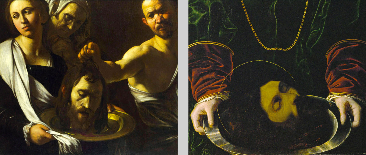 Two side by side detail images of the head of Saint John the Baptist, one from Caravaggio’s sixteen oh seven to sixteen oh ten “Salome Receives the Head of John the Baptist,” the other from Bartolomeo Veneto’s sixteenth century “Salome with the Head of Saint John the Baptist.”