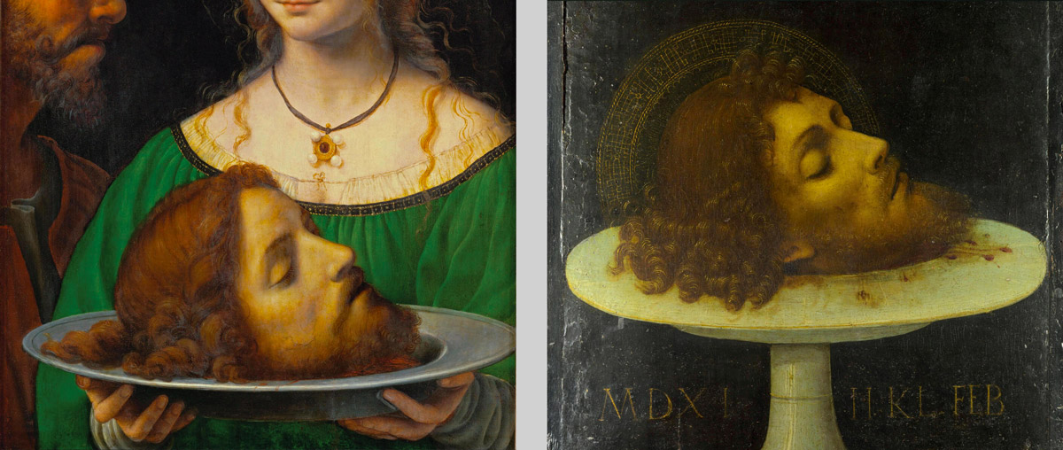 Two side by side detail images of the head of St. John the Baptist, one from Bernardino Luini’s fifteen twenty five to fifteen thirty “Salome with the Head of Saint John the Baptist,” the other an unknown artist’s fifteen eleven “The Head of Saint John the Baptist.”