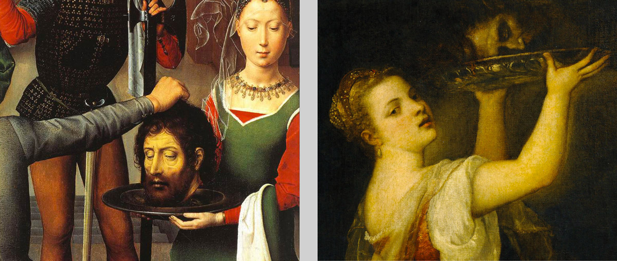 Two side by side detail images of the head of Saint John the Baptist, one in Hans Hemling’s fourteen seventy four to fourteen seventy nine “St. John Alterpiece,” the other from Titian’s fifteen forty nine “Salome with the Head of John the Baptist.”
