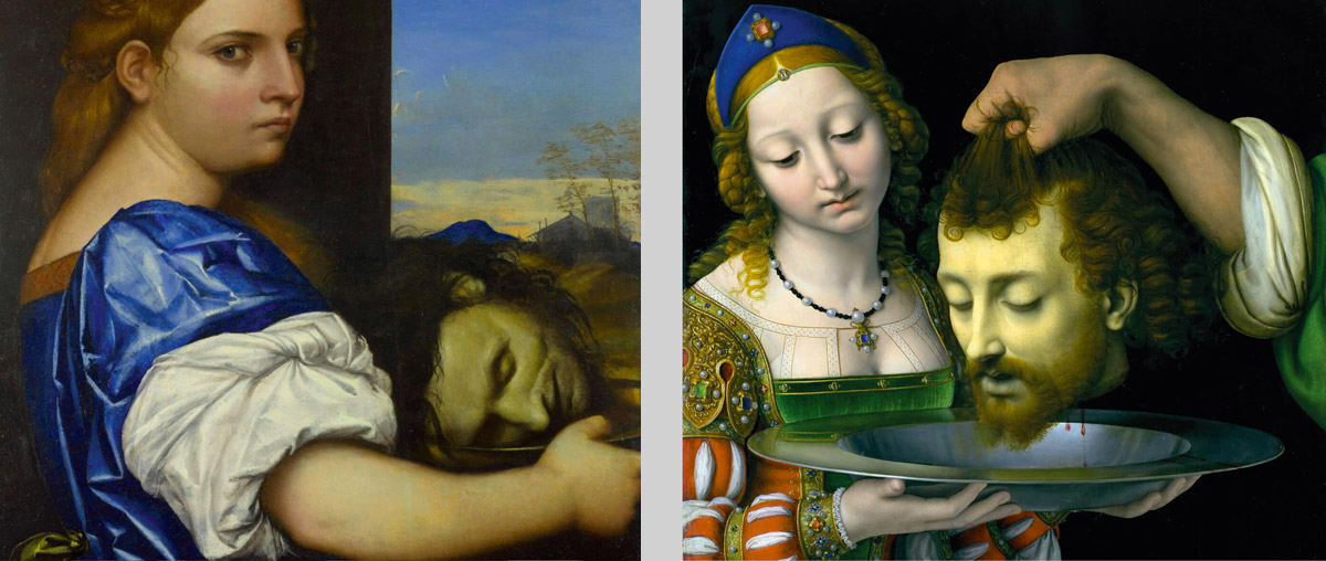 Two side by side detail images of the head of Saint John the Baptist, one from Sebastiano del Piombo’s fifteen ten “The Daughter of Herodias,” the other from Andrea Solario’s undated “Salome with the Head of Saint John the Baptist.”