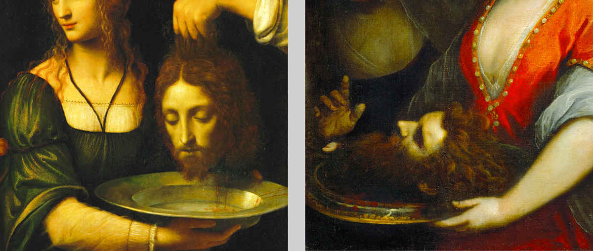 Two side by side detail images of the head of Saint John the Baptist, one from Bernardino Luini’s fifteen twenty five to fifteen thirty “Salome with the Head of Saint John the Baptist,” the other from Jacopo Palma the Younger’s fifteen ninety nine “Salome with the Head of Saint John the Baptist.”