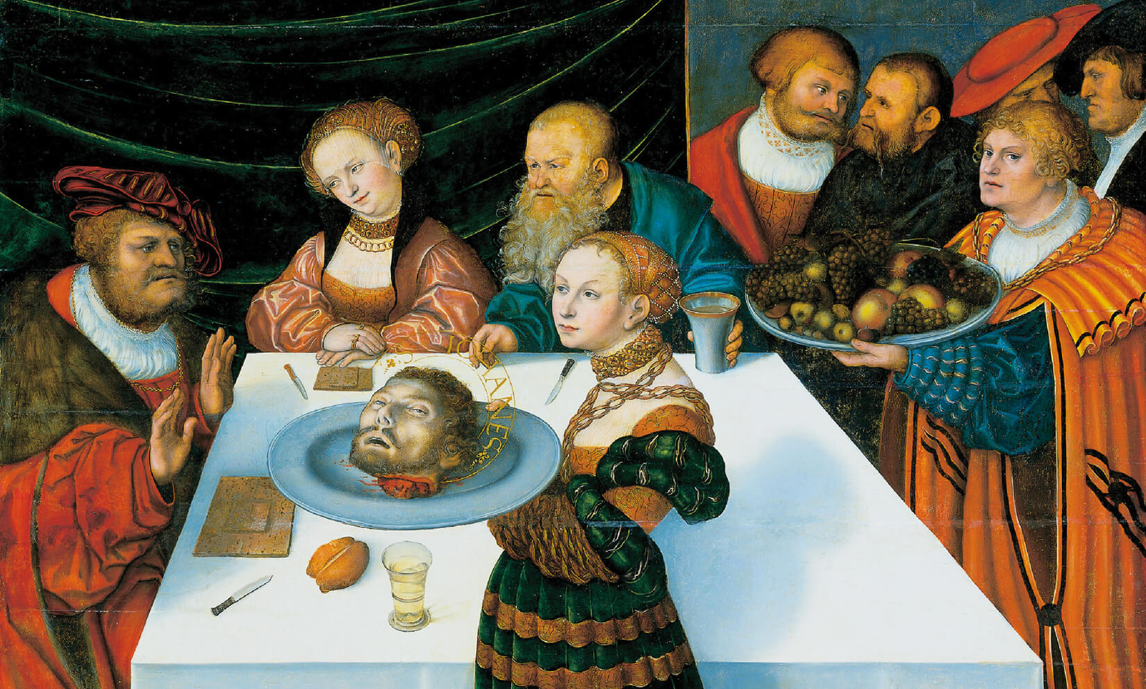 A detail image from Lucas Cranach the Elder’s fifteen thirty three “Herod’s Banquet,” showing the display of St. John the Baptist’s head on a platter.
