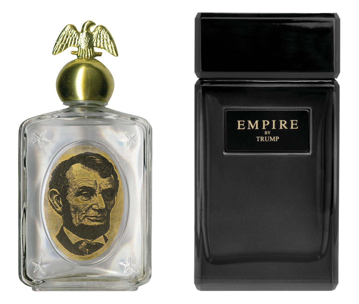 A photograph of an Avon “Abraham Lincoln” cologne next to an Empire by Trump cologne.