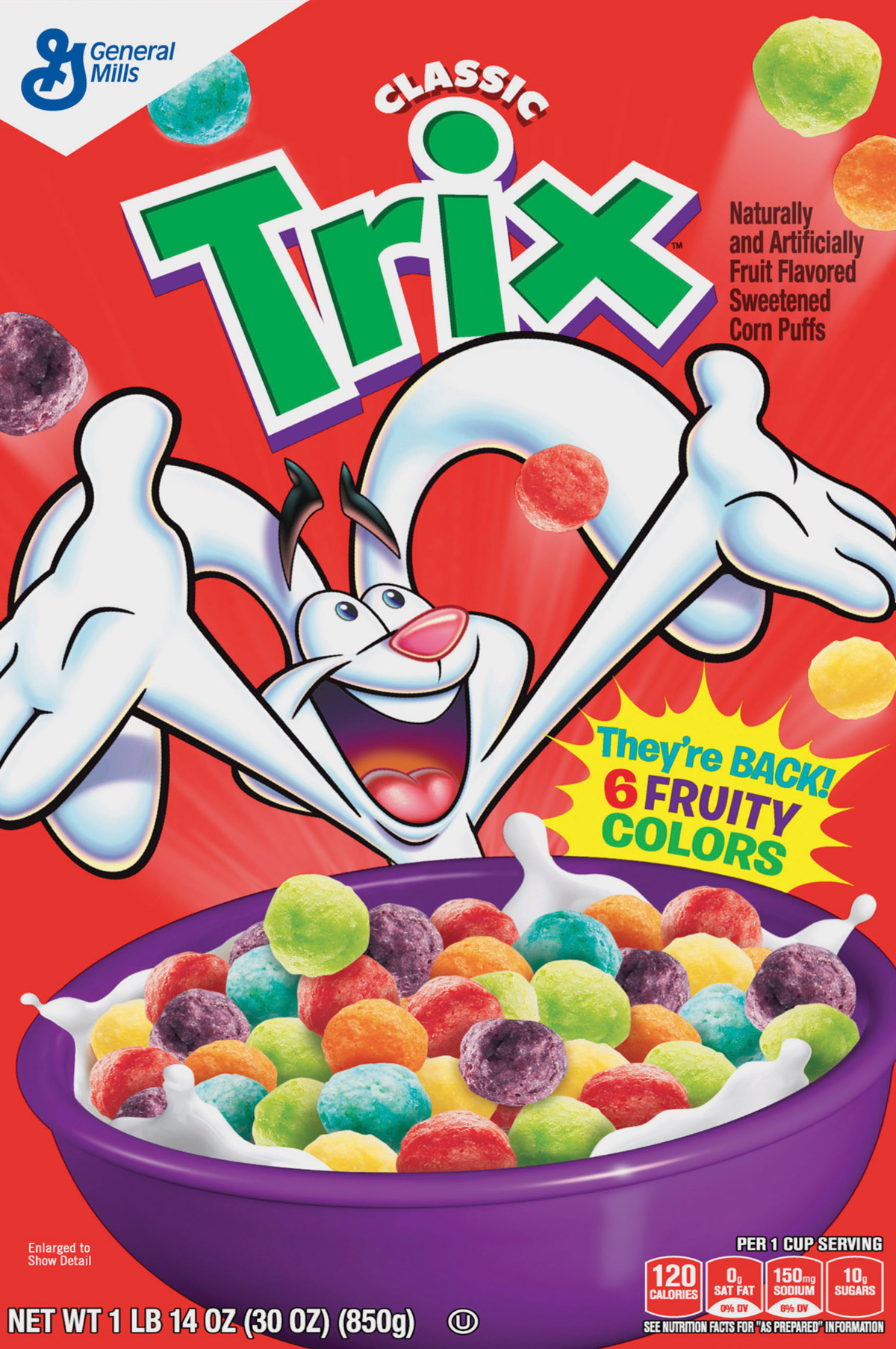 The front of a twenty seventeen box of artificially sweetened Trix cereal, depicting a notably overjoyed Trix rabbit.