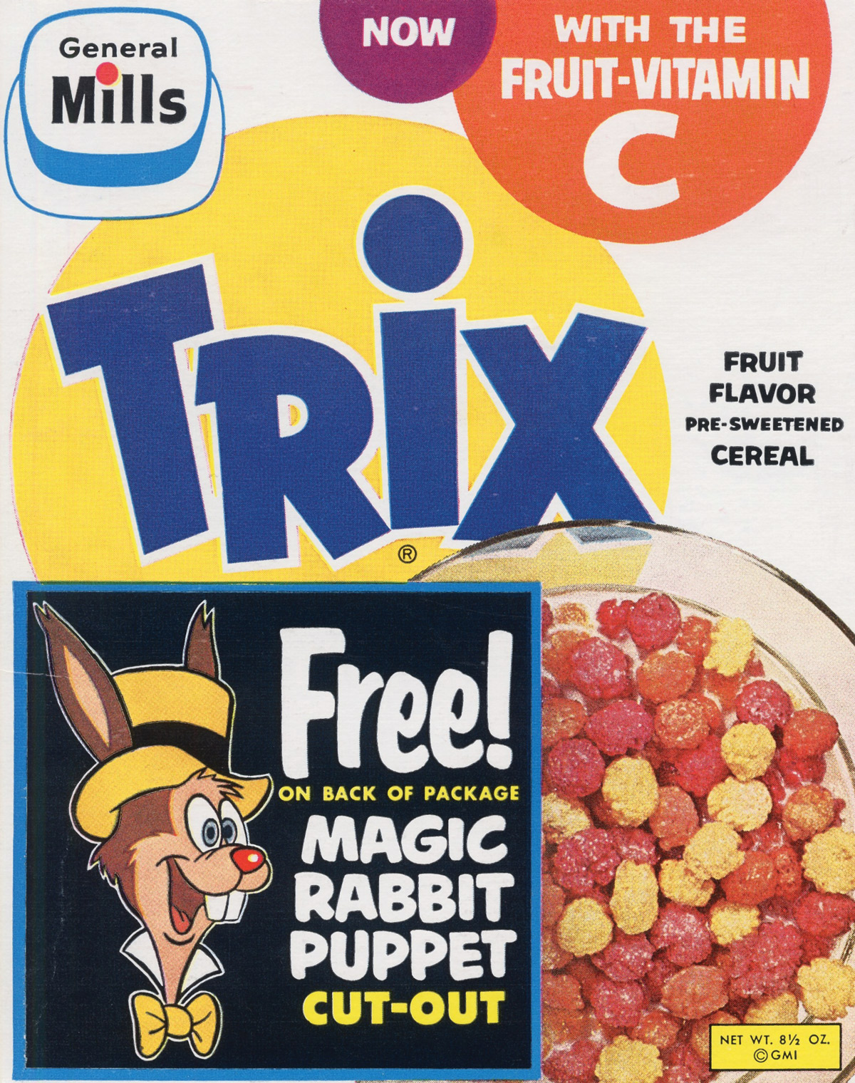 The front of a nineteen fifty eight Trix cereal box featuring the 