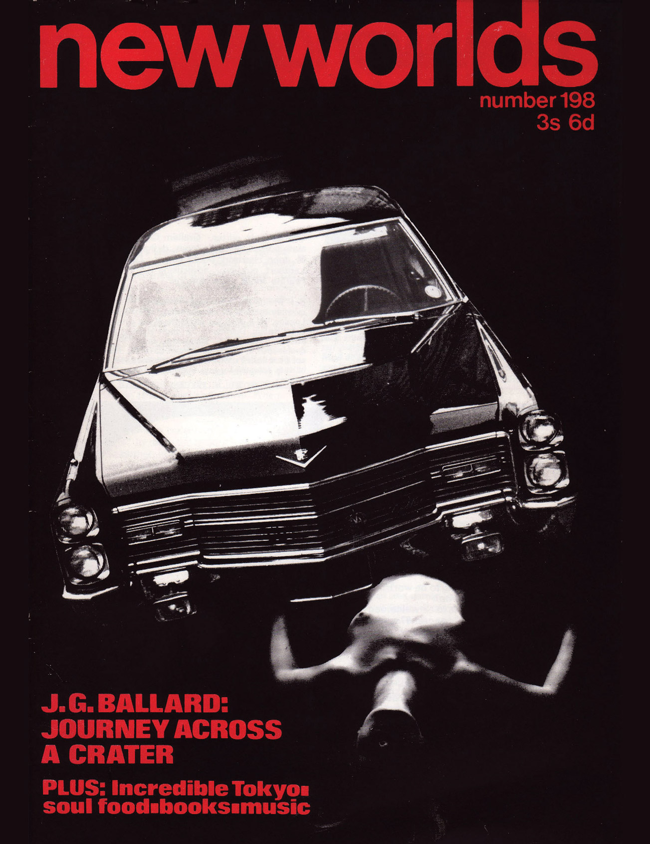 The cover of the February nineteen seventy issue of New Worlds, depicting a car suspended in midair and the title of J.G. Ballard’s story “Journey Across the Crater.”