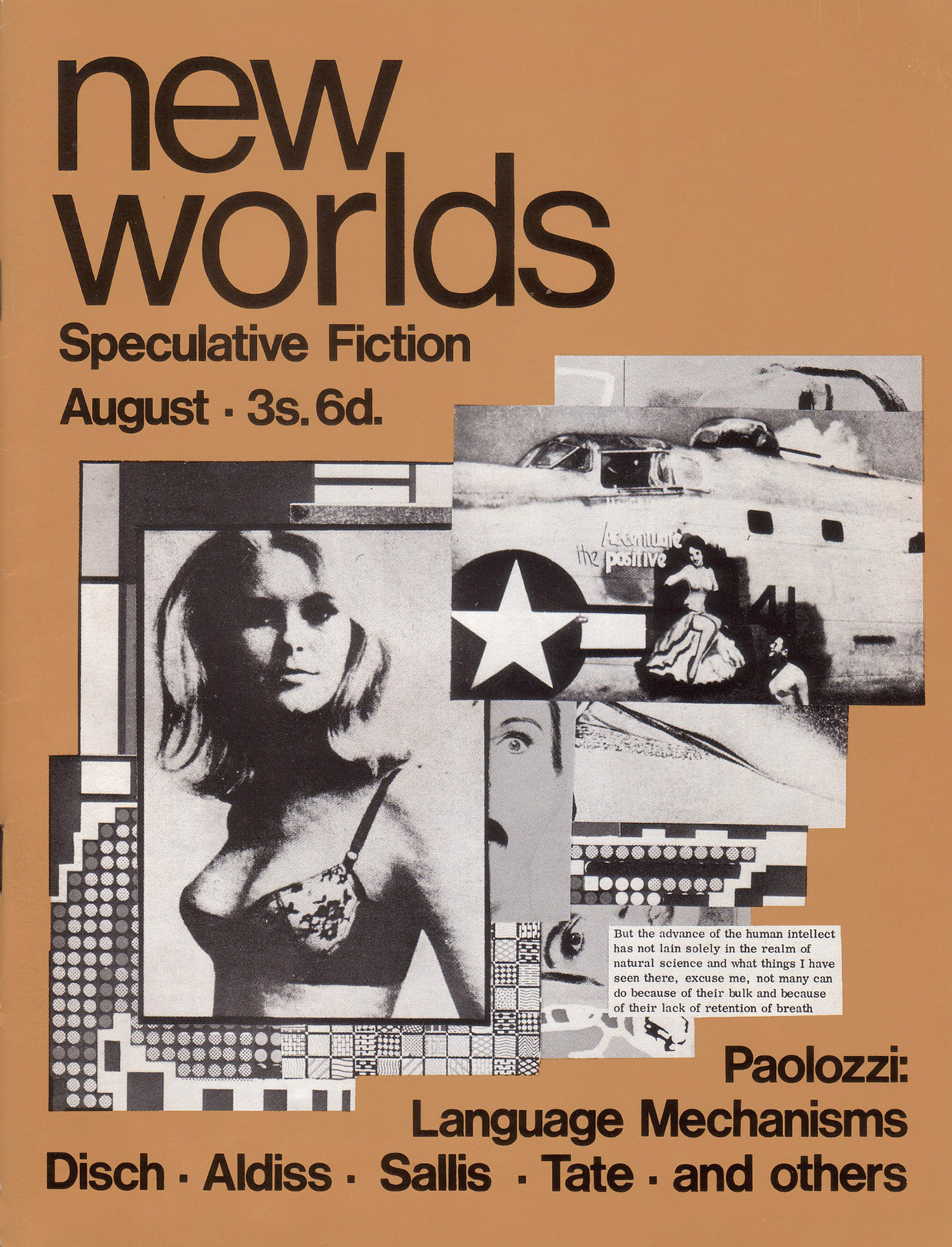 The cover of the August nineteen sixty seven issue of New Worlds, depicting a collage of photographs of women and abstract patterns, as well as a list of contributor names. 