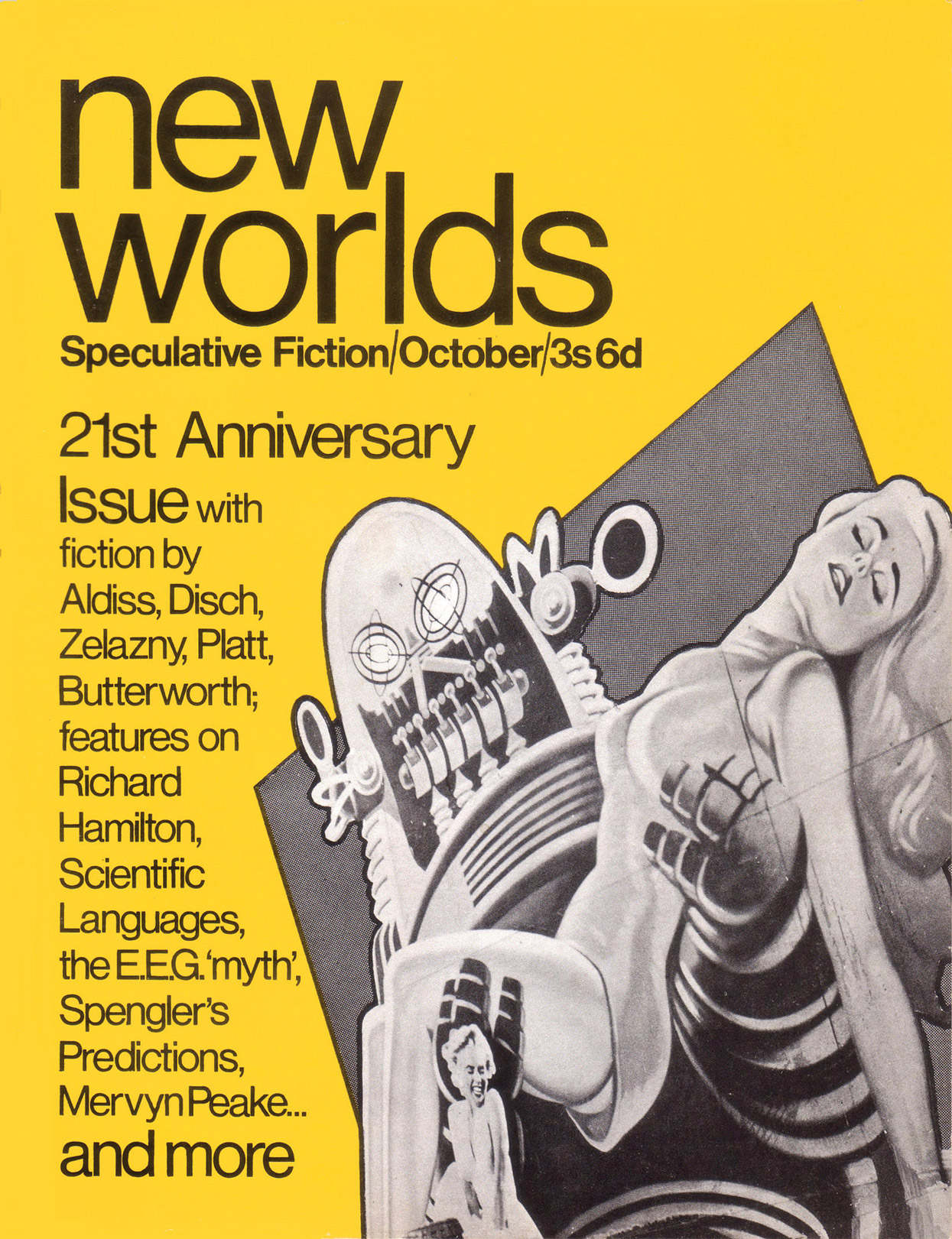 The cover of the October nineteen sixty seven issue of New Worlds, depicting an illustration of a robot carrying a distressed woman, along with a list of contributor names.