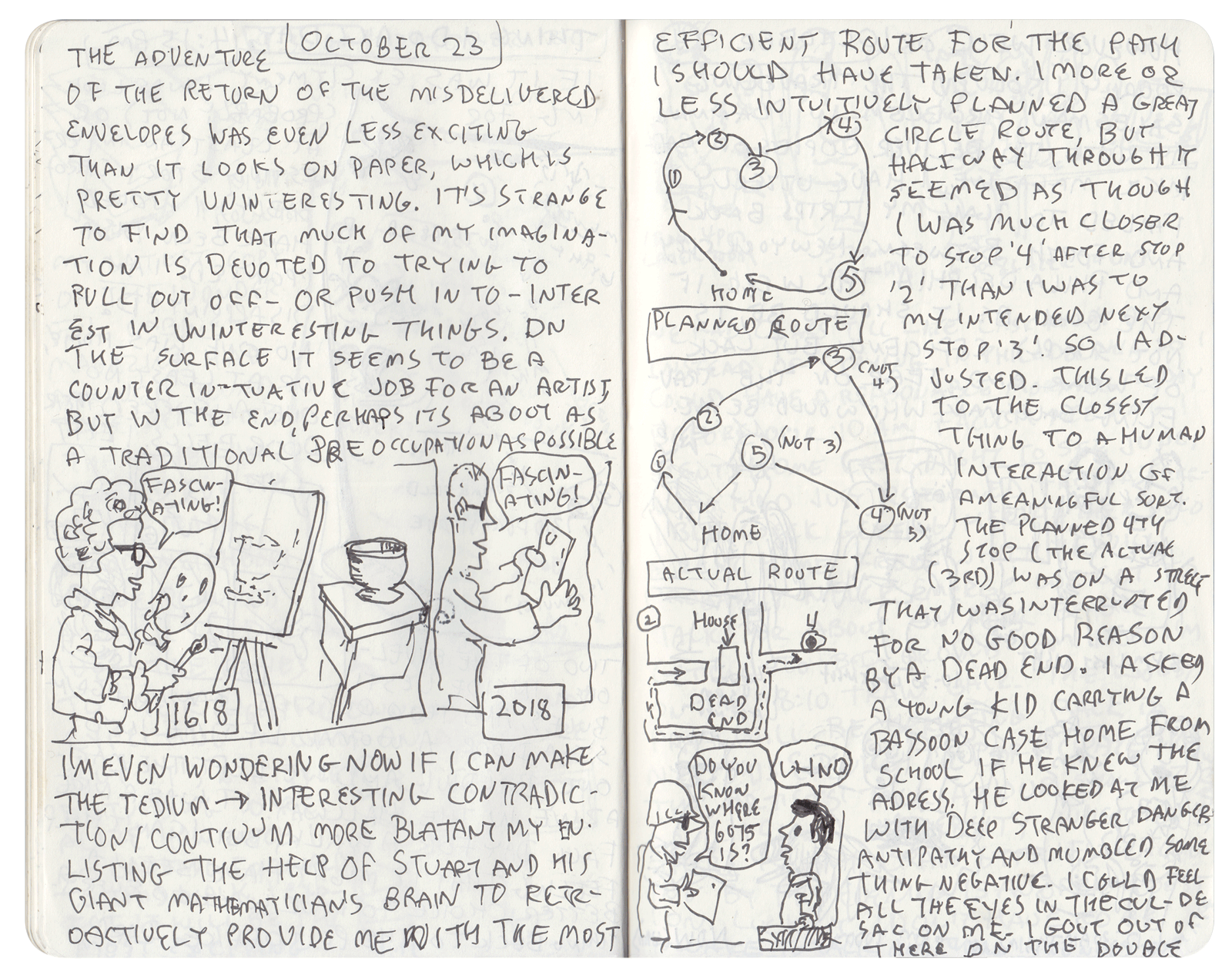 A spread of a diary from October twenty third describing the author’s subscription delivery journey. Included in the pages are various doodles and a representation of the route taken.