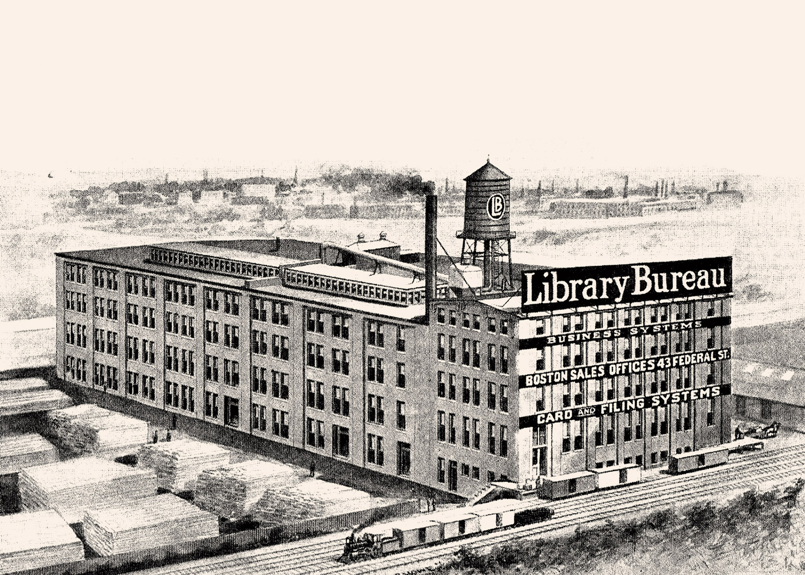 A nineteen oh nine image of a Library Bureau woodworking and card factory in Cambridge, Massachusetts