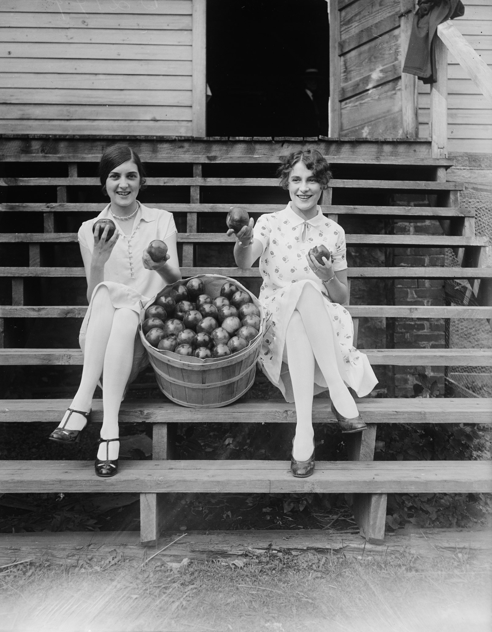 A circa nineteen twenty-seven photograph of two girls holding out apples plucked from a large barrel. 