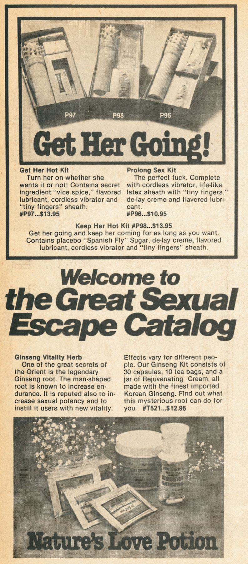 A magazine advertisement featuring various sex toys and ginseng vitality herb for improving sexual potency.
