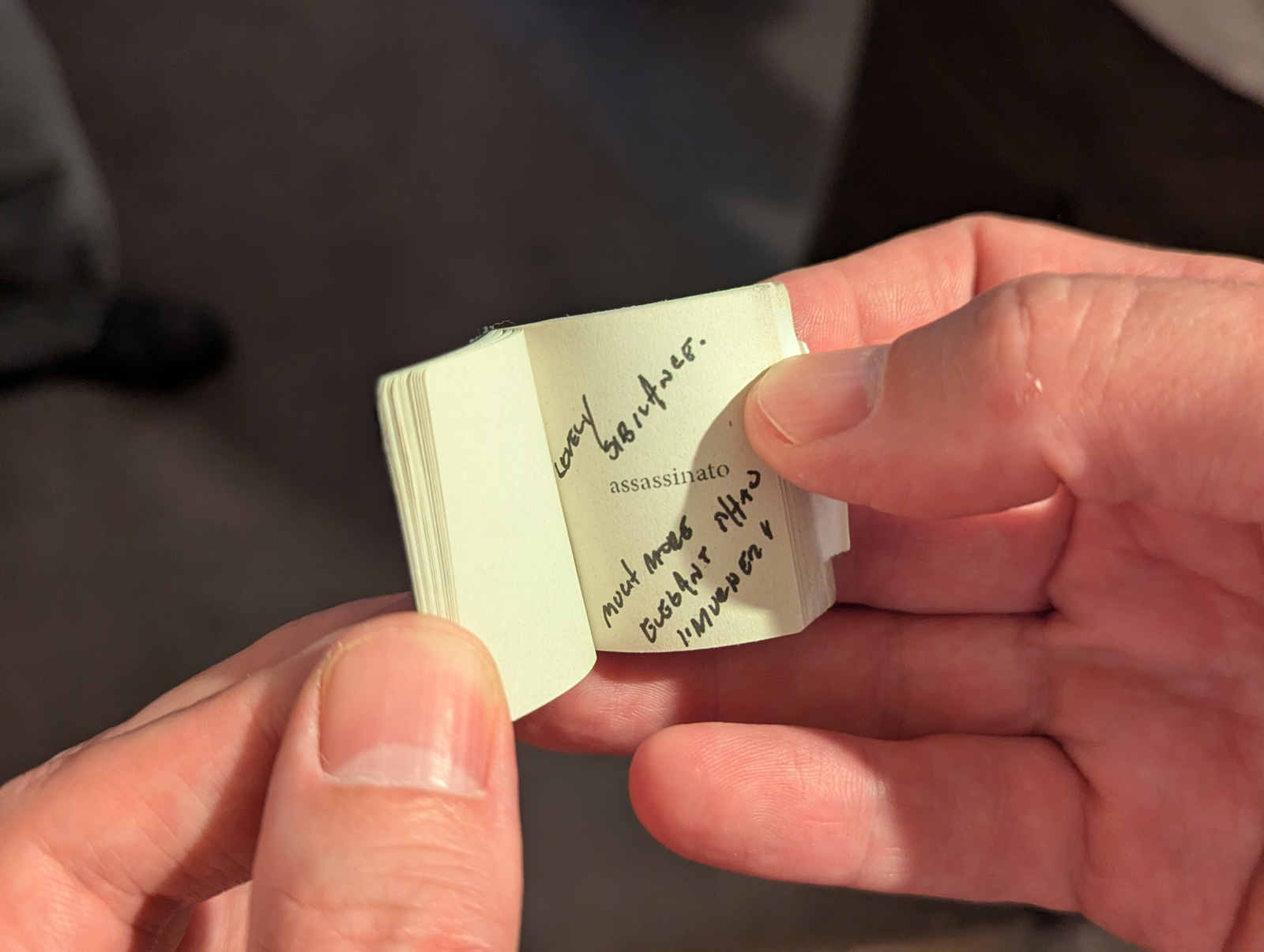The event’s smallest book, a work of fifty translations of the word “murder,” is opened to show its tiny annotations.