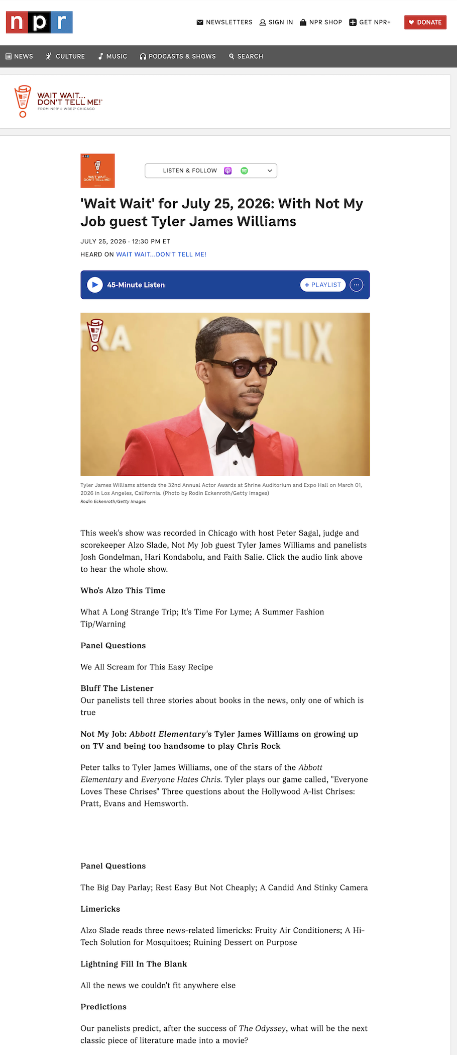 Screenshot of NPR’s ‘Wait Wait… Don’t Tell Me’ radio show from 25 July 2026.
The main images shows Tyler James Williams at the 32nd Annual Actor Awards.