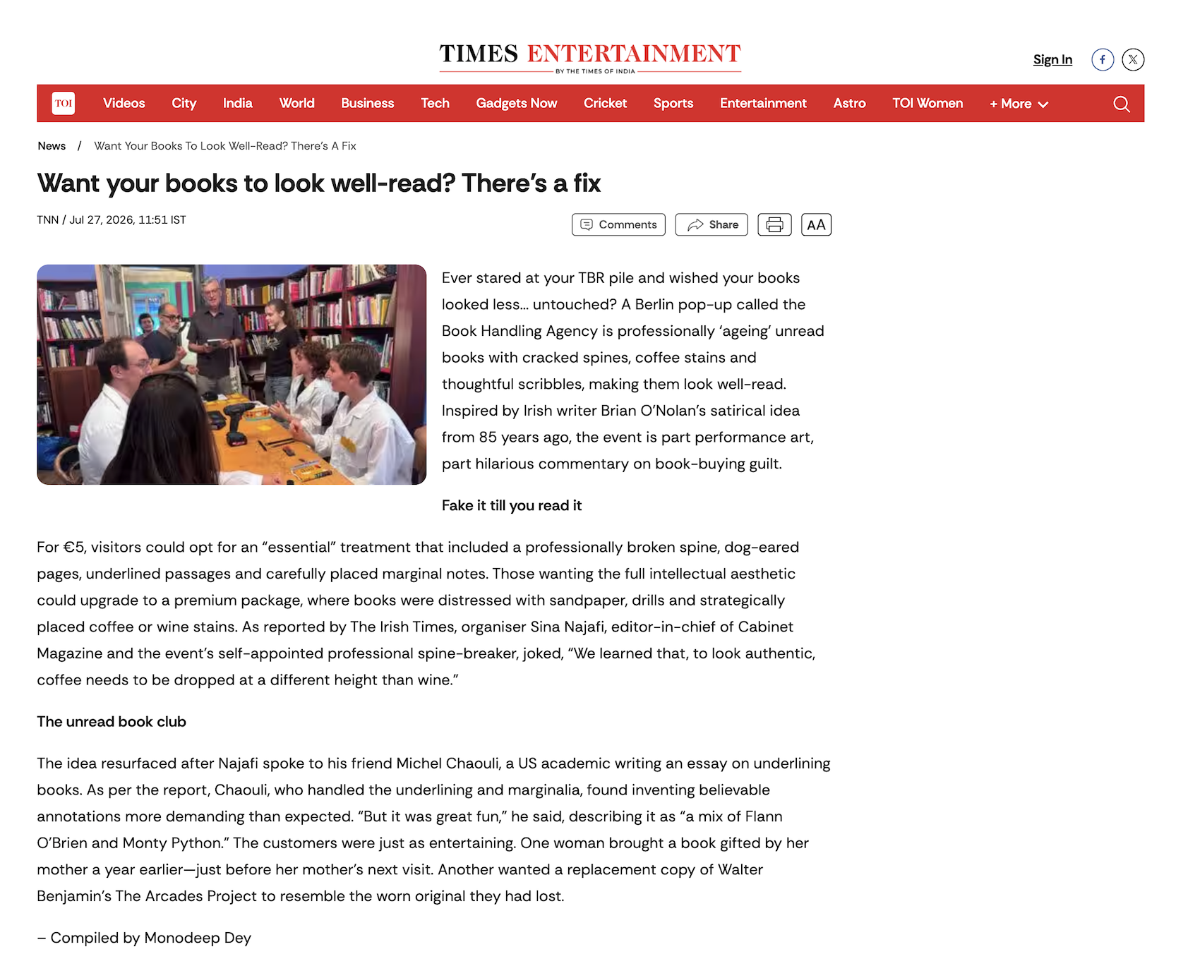Screen shot of the Times of India’s article on the Book Handling Agency’s Berlin Event. The title reads, ‘Want your books to look well-read? There’s a fix.’