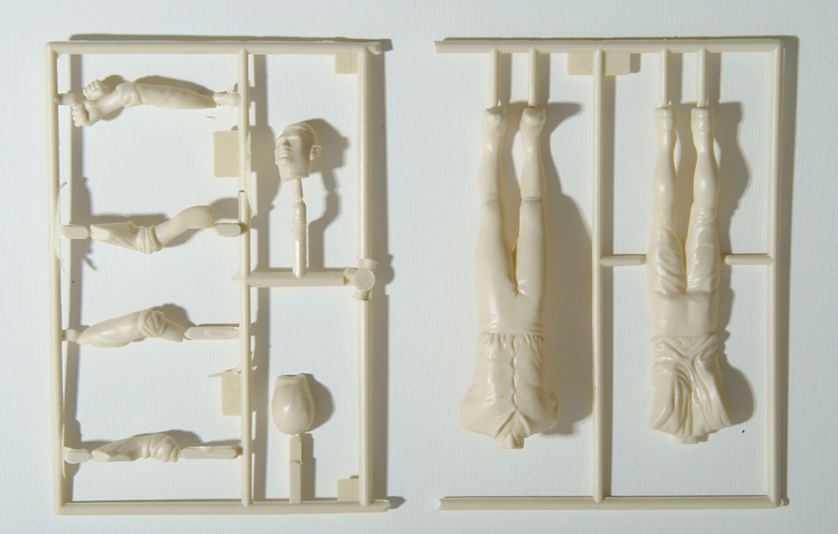 “La guillotine” plastic model components from Polar Lights’s reissue of the Aurora model company’s 1960 original. This kit is noted for its detachable head and fully operable blade.