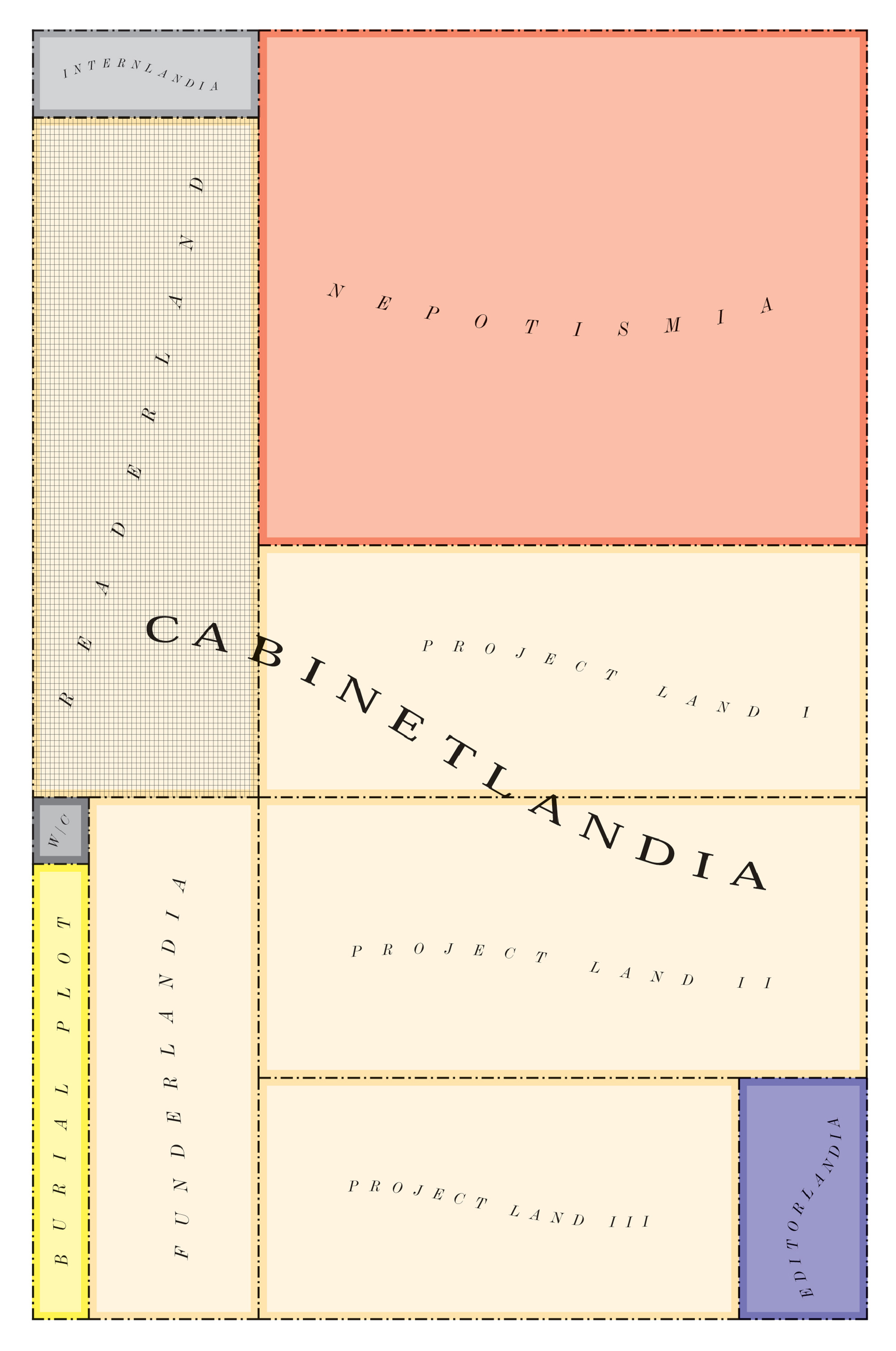 A map of Cabinetlandia, portioned into Readerland, Editorlandia, Internlandia, and more.