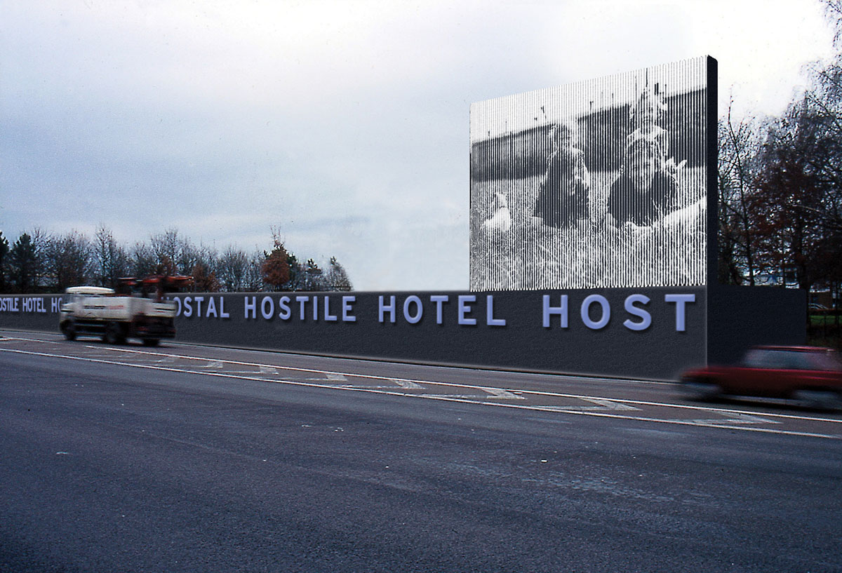 Computer-generated images of Ballhausen and Poppensieker’s “counter-hotel” on a billboard near a highway.