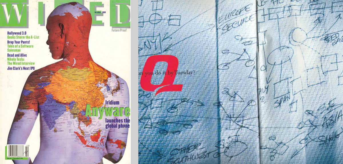 Two images, one depicting the October 1998 cover of Wired, on which appears a human with a world map imprinted on their skin. The other image is a Compaq advertisement in a December 1998 issue of Wired, showing diagrams written on a napkin.