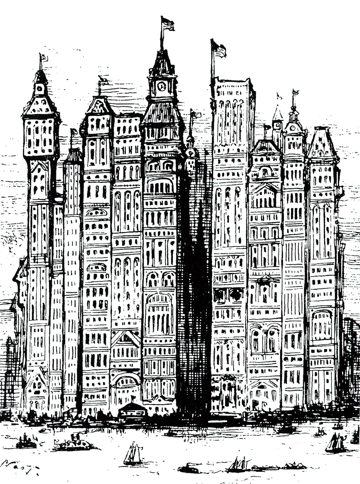 Thomas Nast’s vision of lower Manhattan’s future, Harper’s Weekly, 1881.