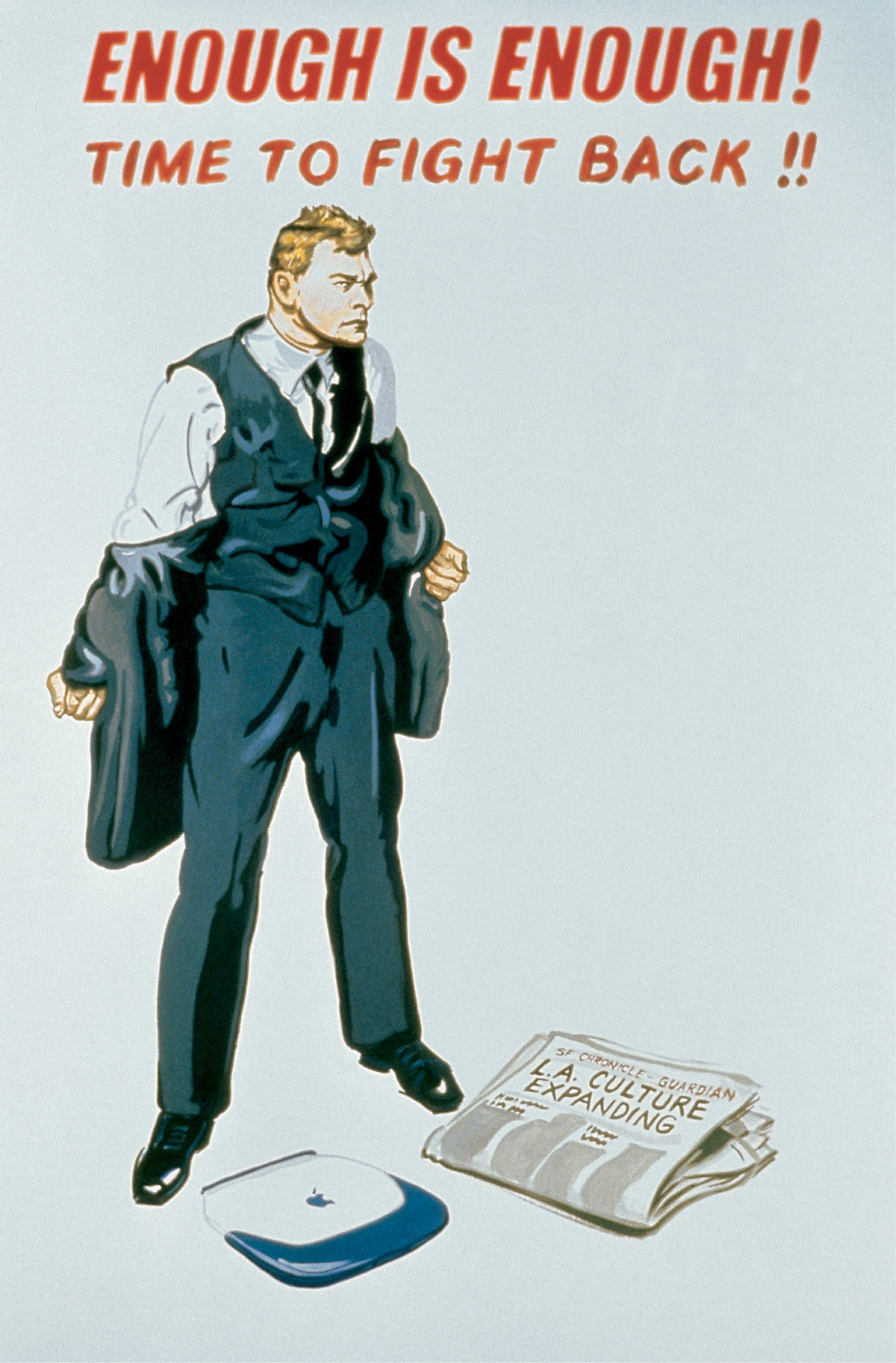 Poster depicting a man removing his suit jacket in anger at the newspaper headline “L.A Culture Expanding.”