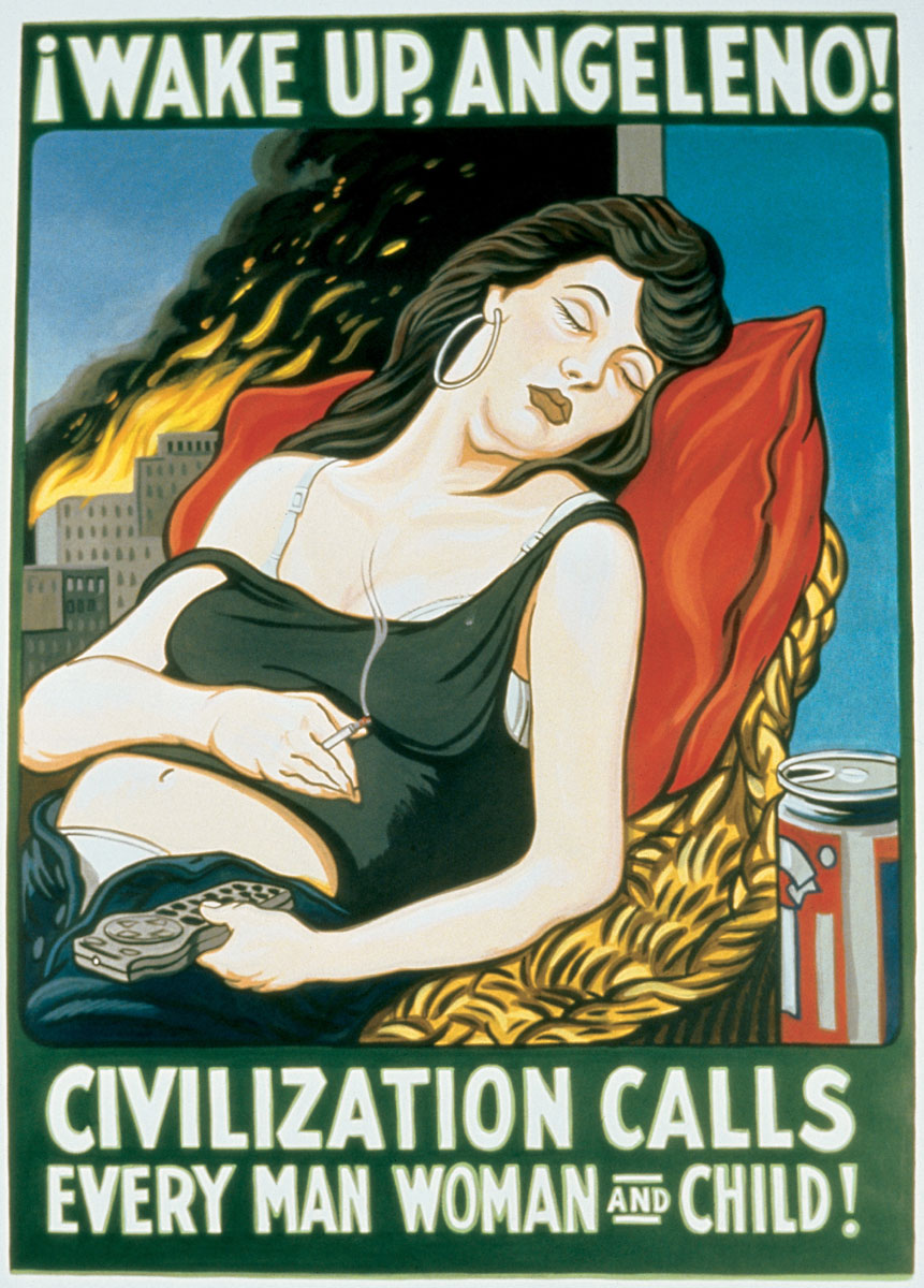 Poster depicting a woman sleeping while Los Angeles is burning, captioned “Wake Up, Angeleno!”