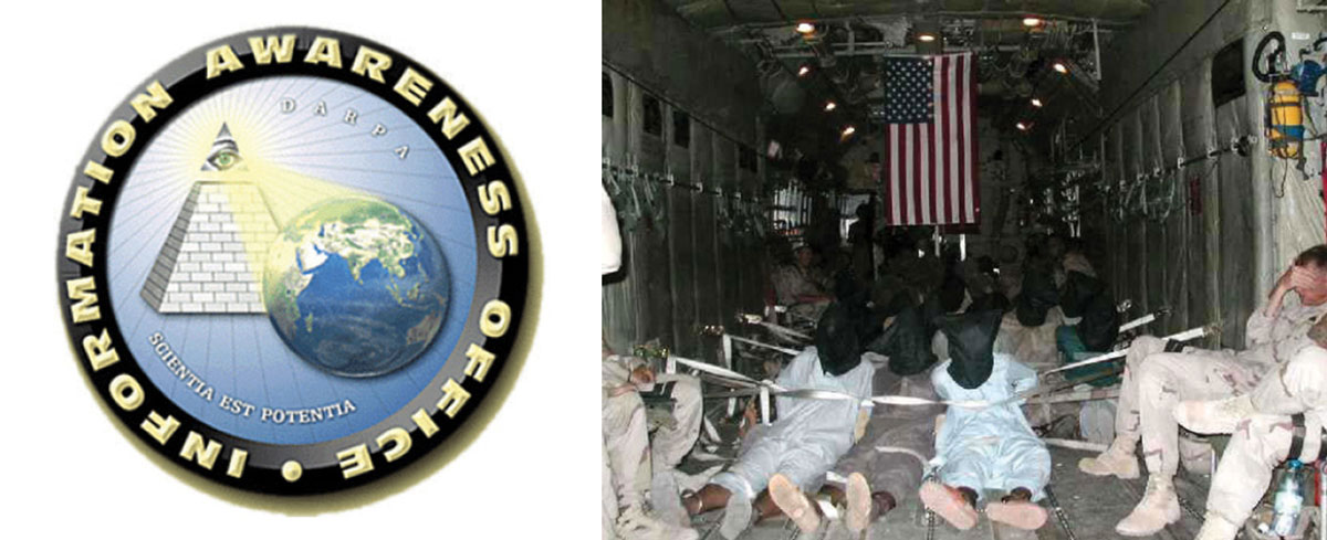 Two images, one depicting the Total Information Awareness logo consisting of the eye of Horus above a pyramid, and one depicting prisoners caught in Afghanistan being transported in a plane to an unknown destination.