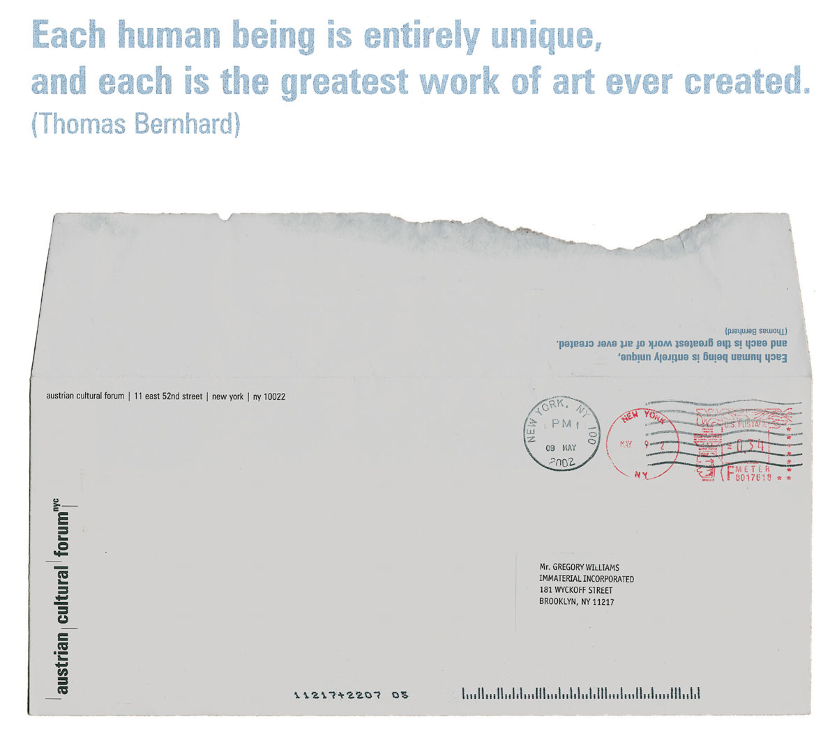 An Austrian Cultural Forum envelope with the Thomas Bernhard quote “Each human being is unique, and each is the greatest work of art ever created” on the flap.