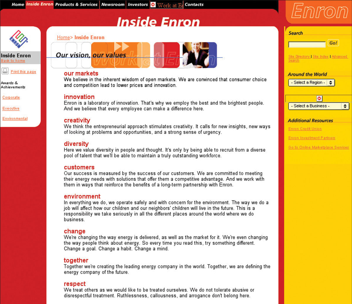 Inside Enron webpage from the Internet Archive.