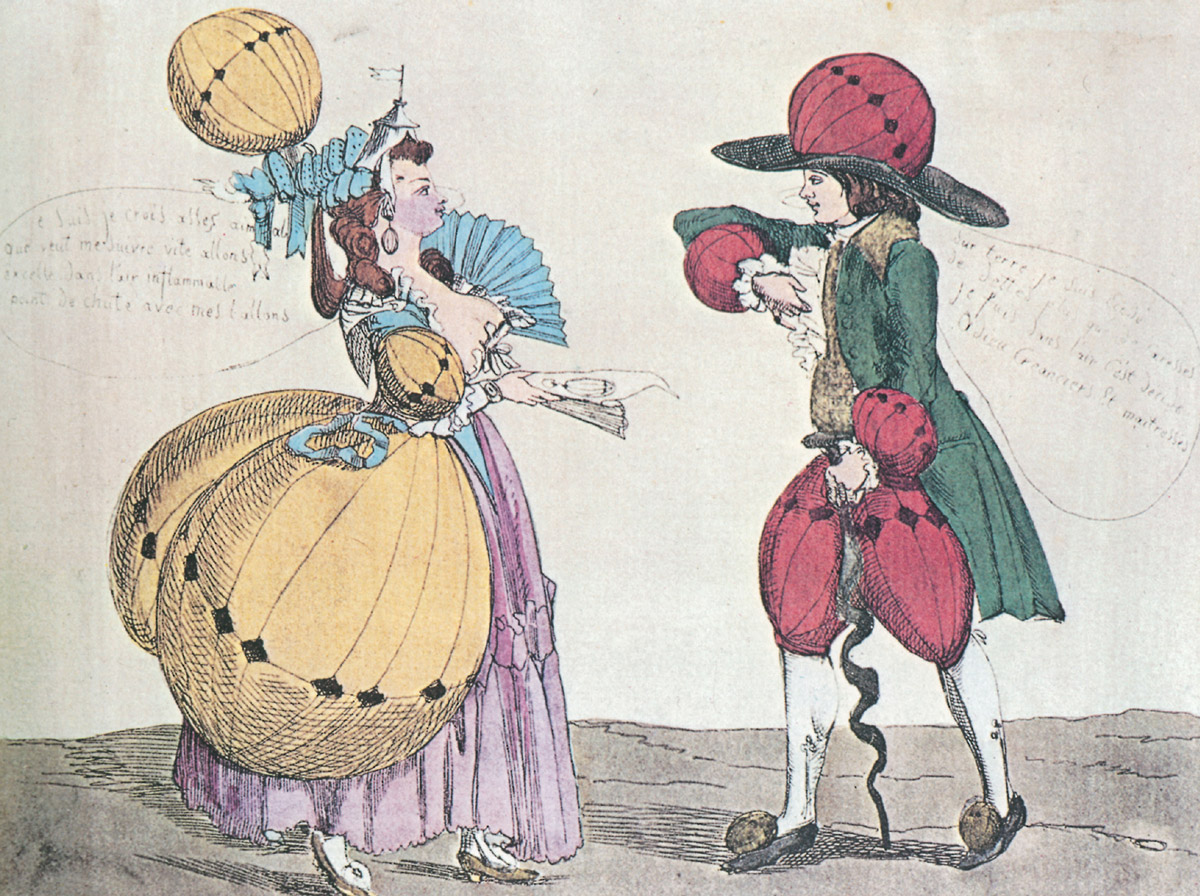 Cartoon from the 1780s depicting a woman and man wearing very voluminous clothing, in the thralls of “balloon mania.”