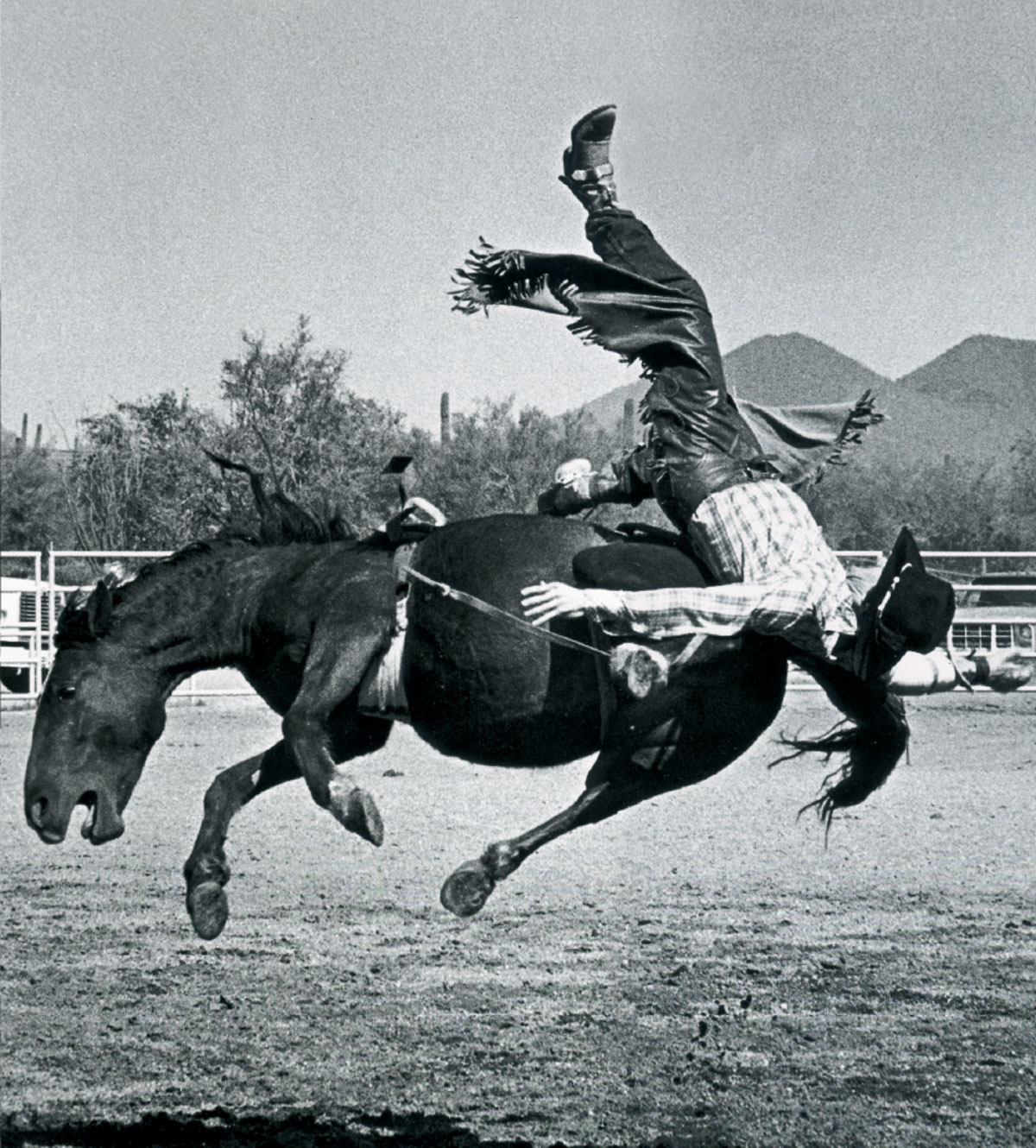 Photograph of Dennis Mann riding the horse named “Soldier,” Cave Creek, Arizona, 1983.